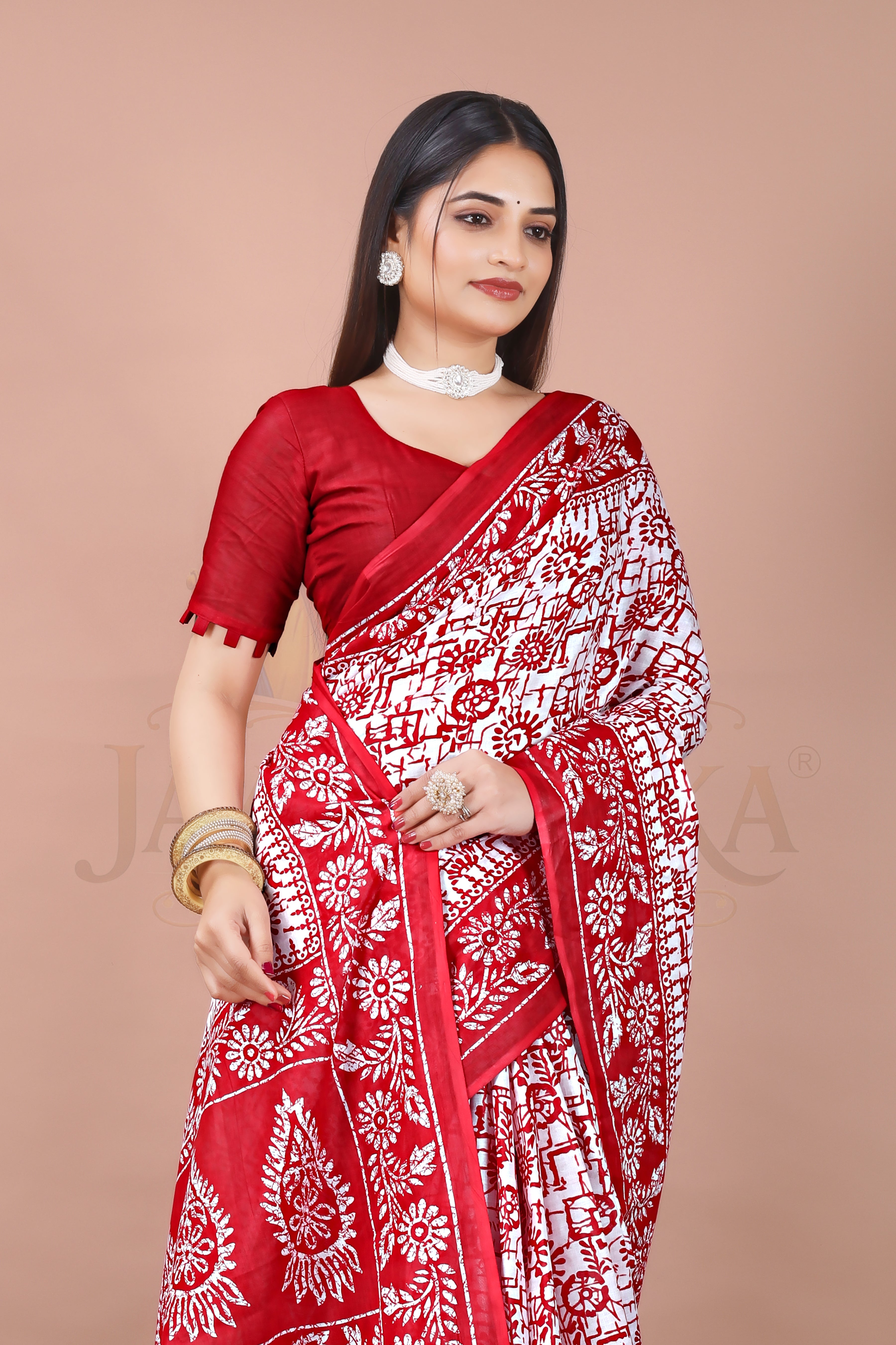 Red Block Print Cotton Printed Saree Jay Radhika Textile