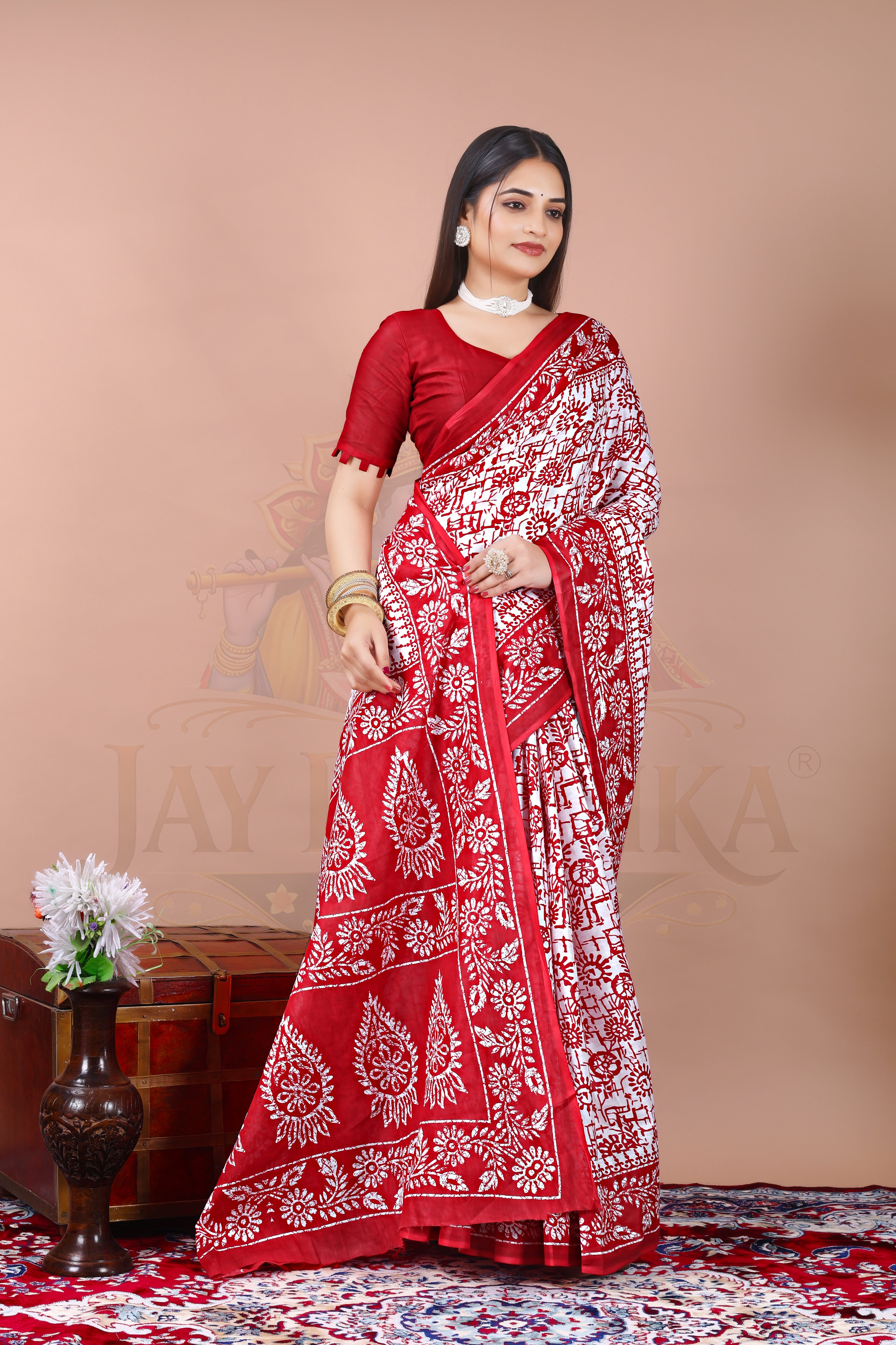 Red Block Print Cotton Printed Saree Jay Radhika Textile