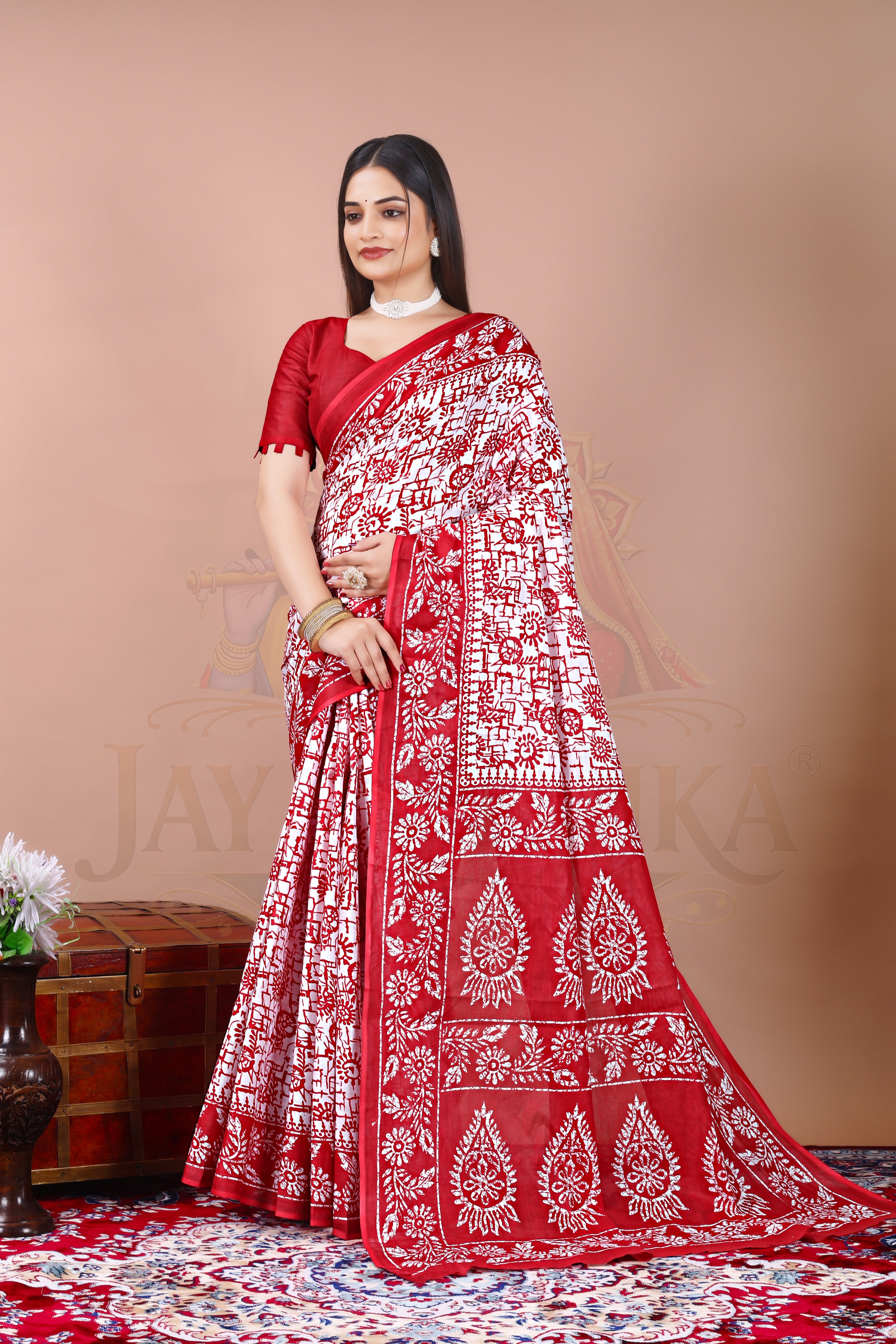 Red Block Print Cotton Printed Saree Jay Radhika Textile