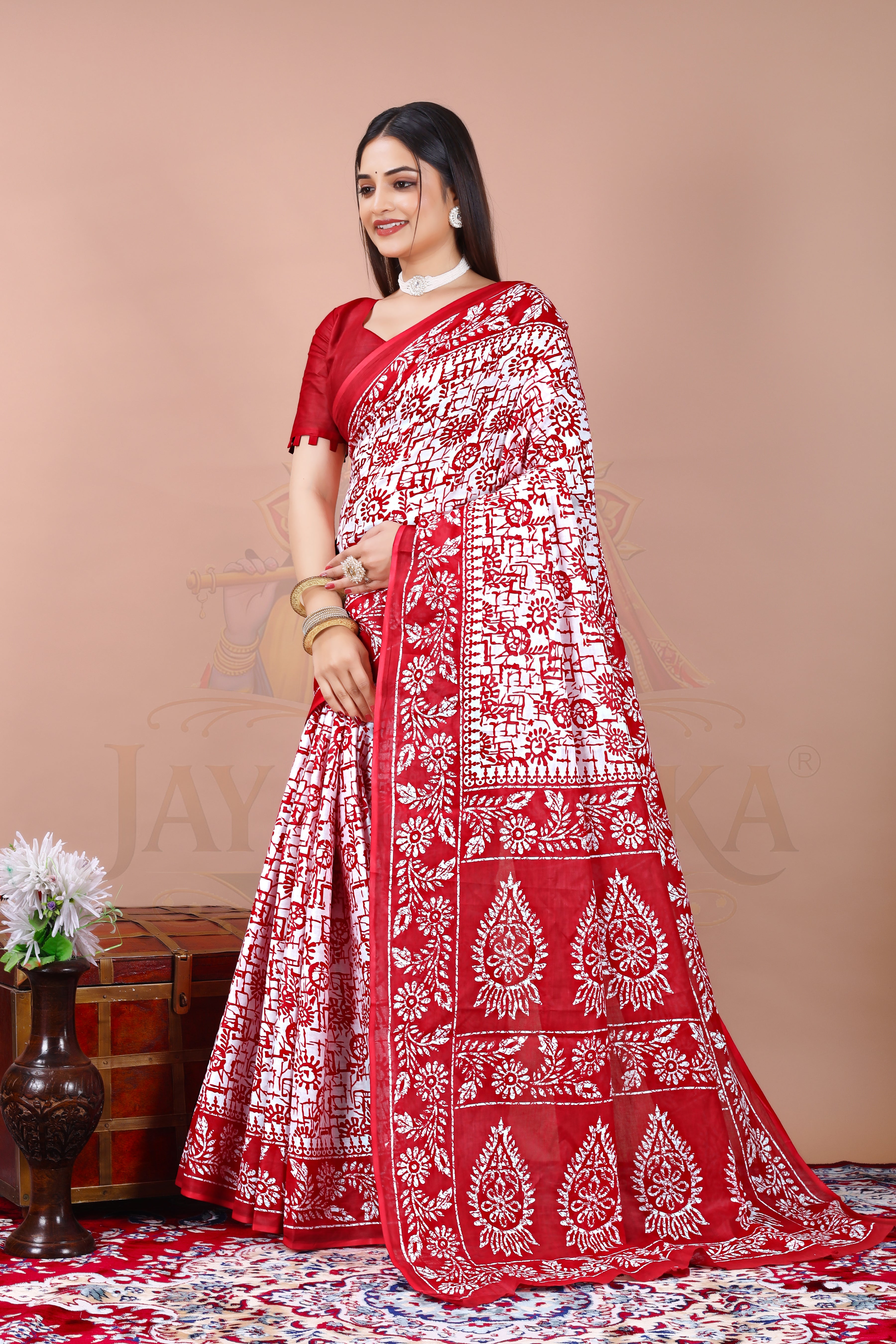 Red Block Print Cotton Printed Saree Jay Radhika Textile