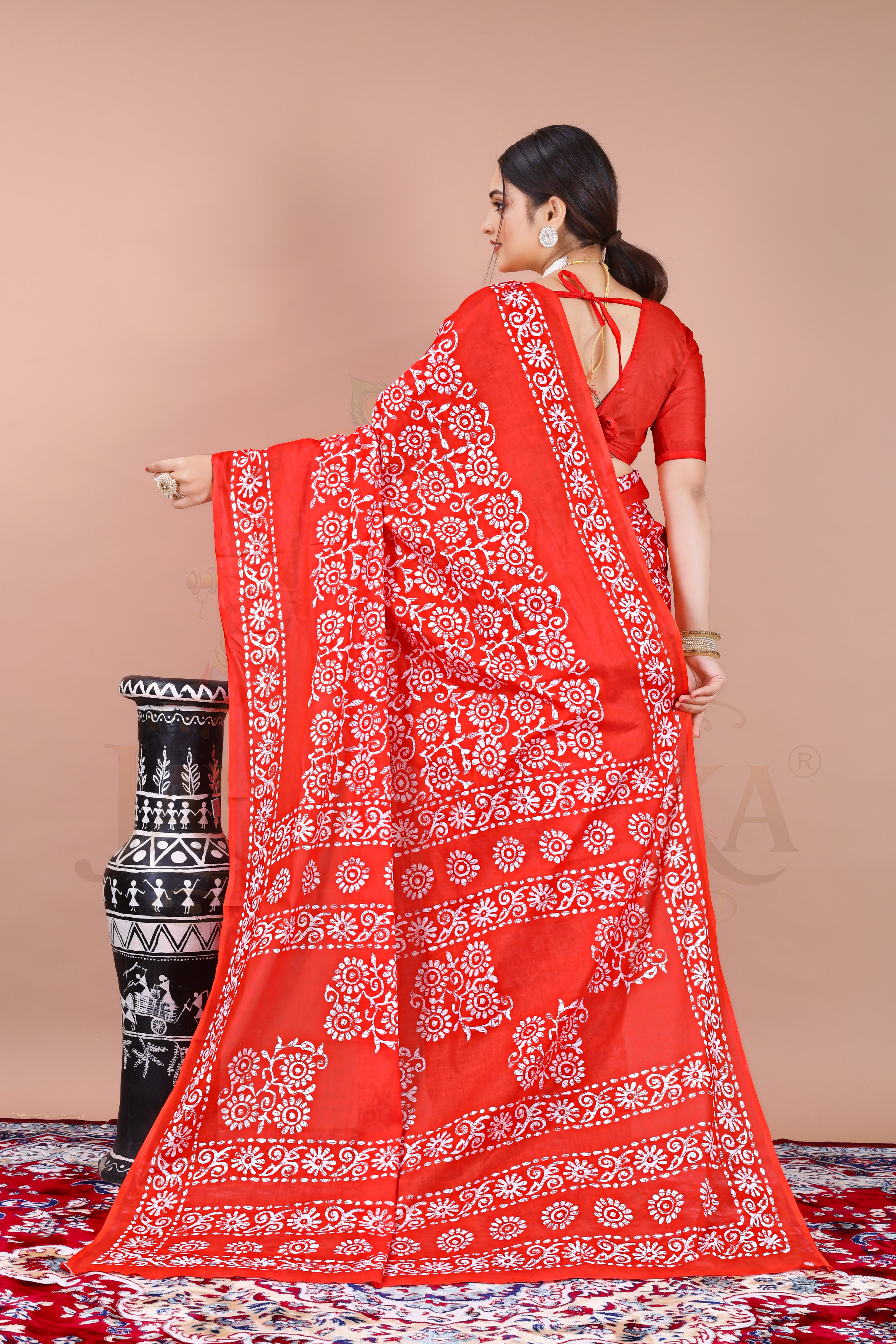 Red Cotton Printed Saree Jay Radhika Textile