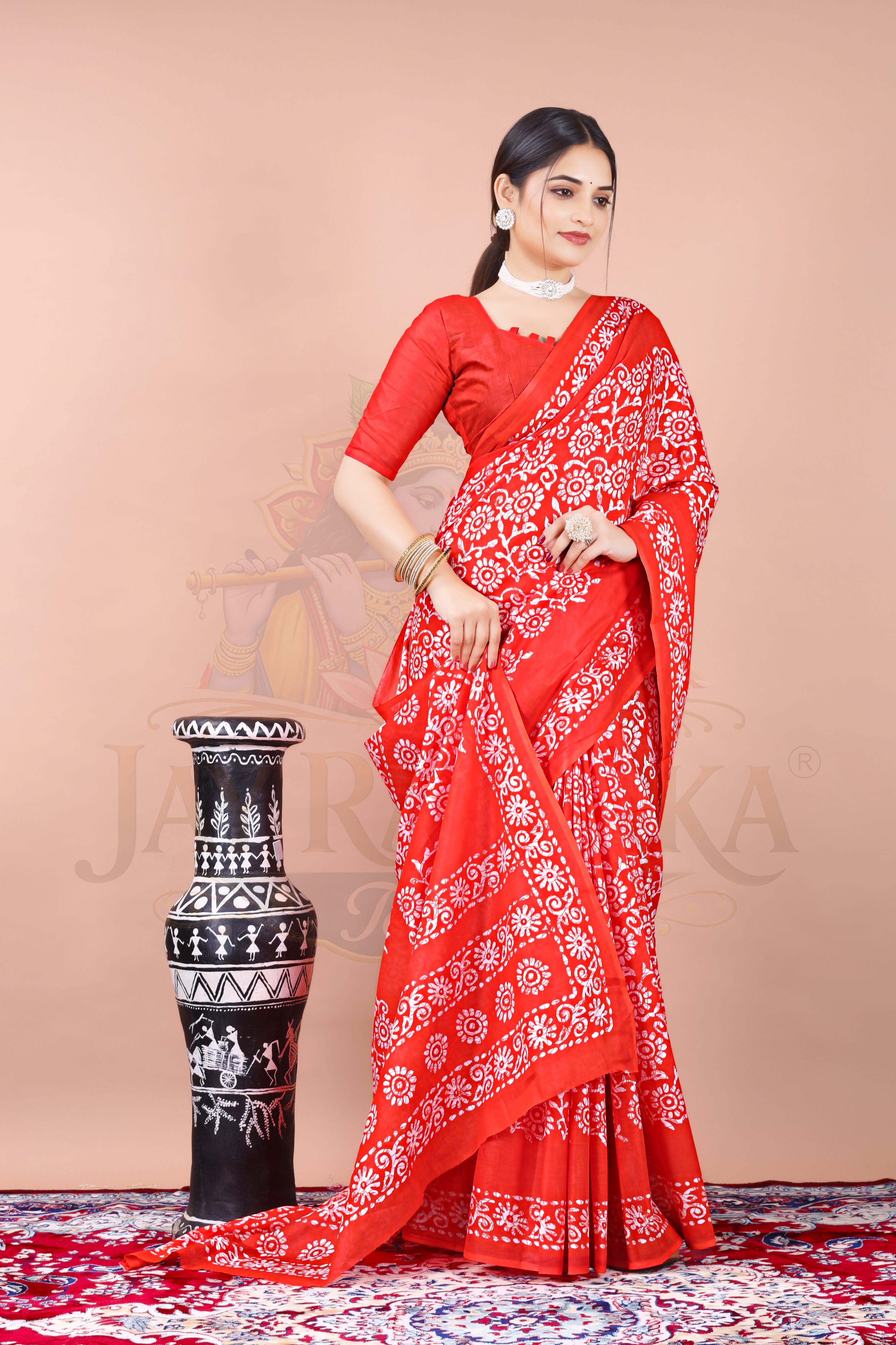 Red Cotton Printed Saree Jay Radhika Textile