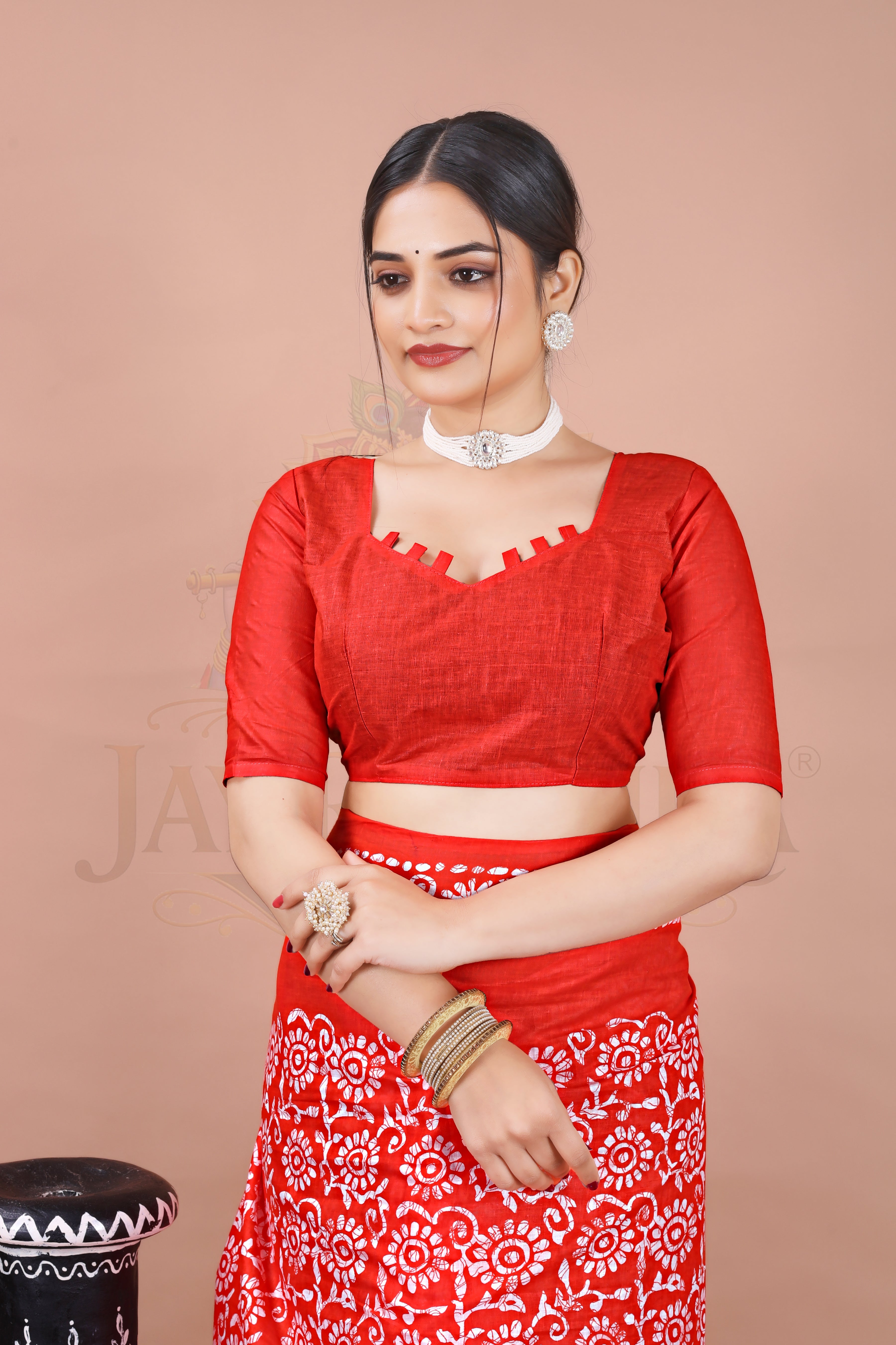 Red Cotton Printed Saree Jay Radhika Textile
