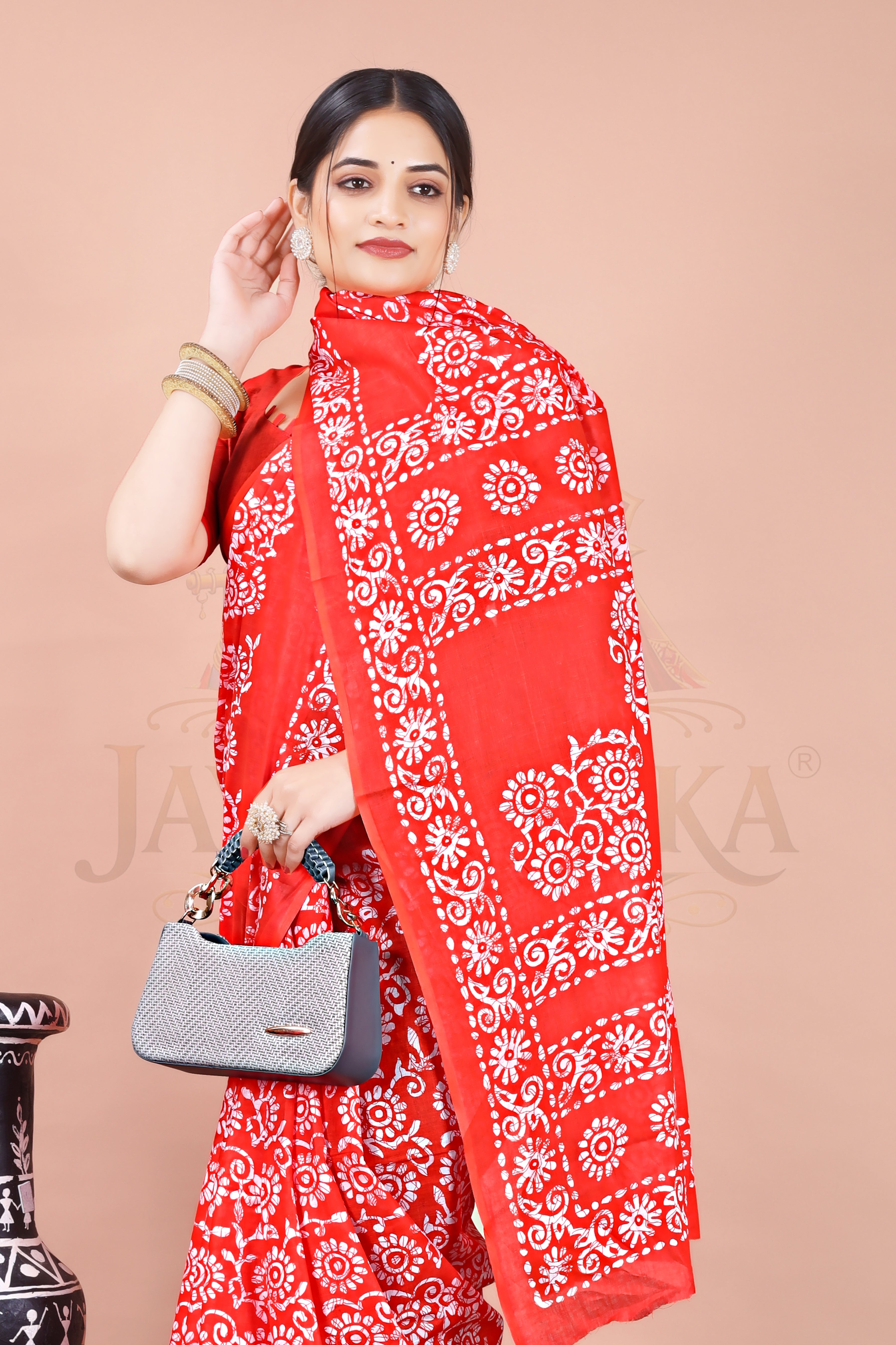 Red Cotton Printed Saree Jay Radhika Textile