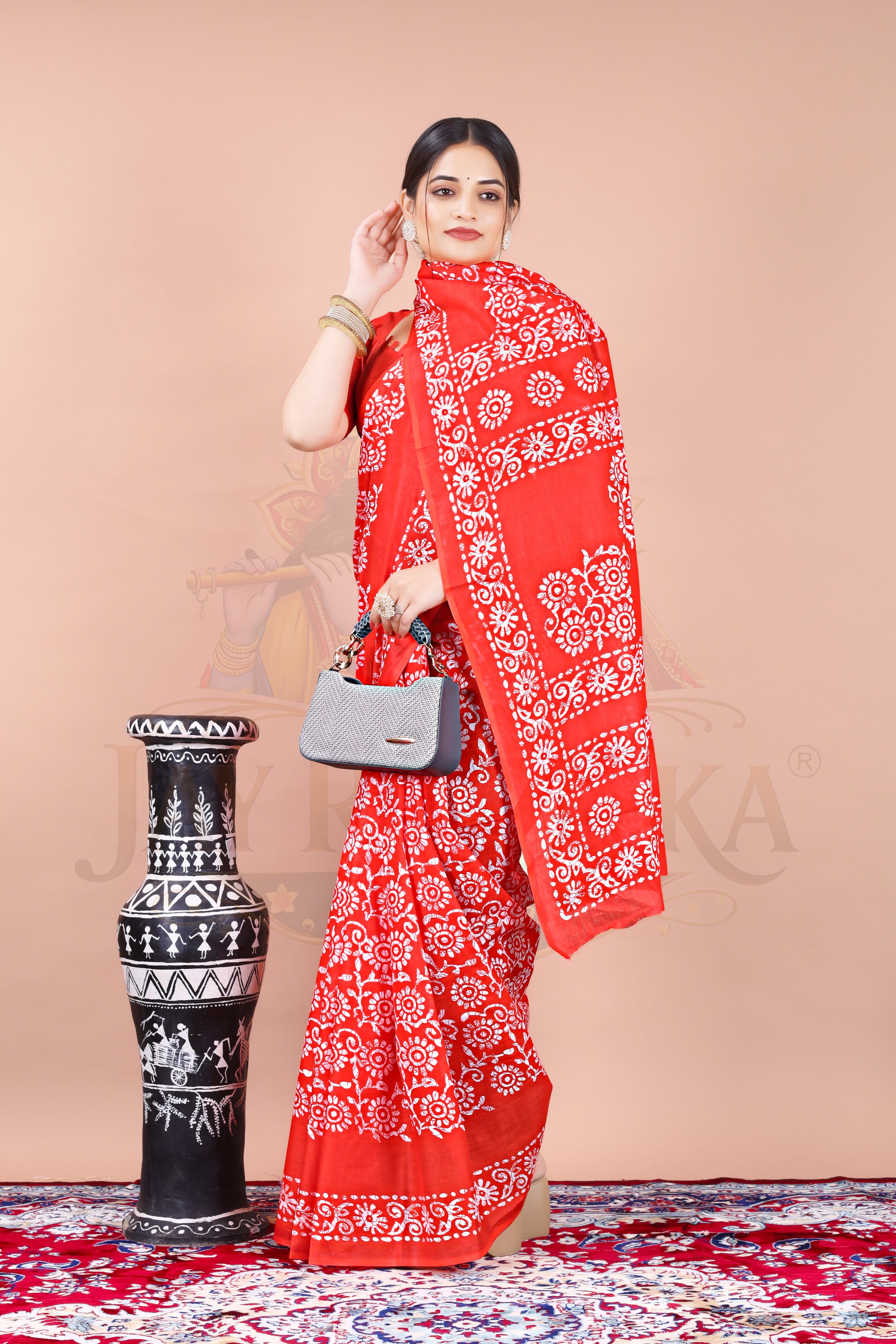Red Cotton Printed Saree Jay Radhika Textile