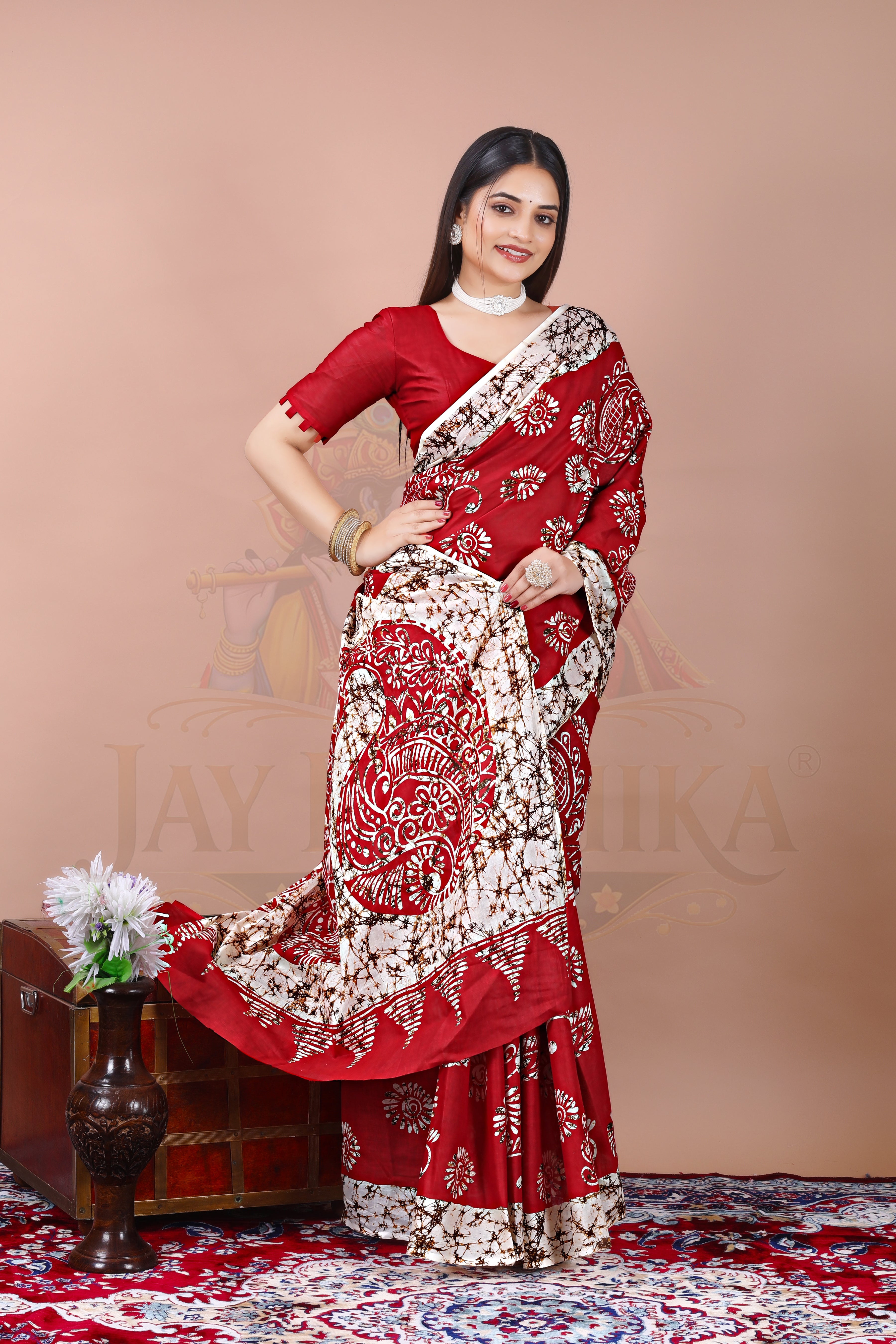 Red Ethnic Cotton Printed Saree Jay Radhika Textile