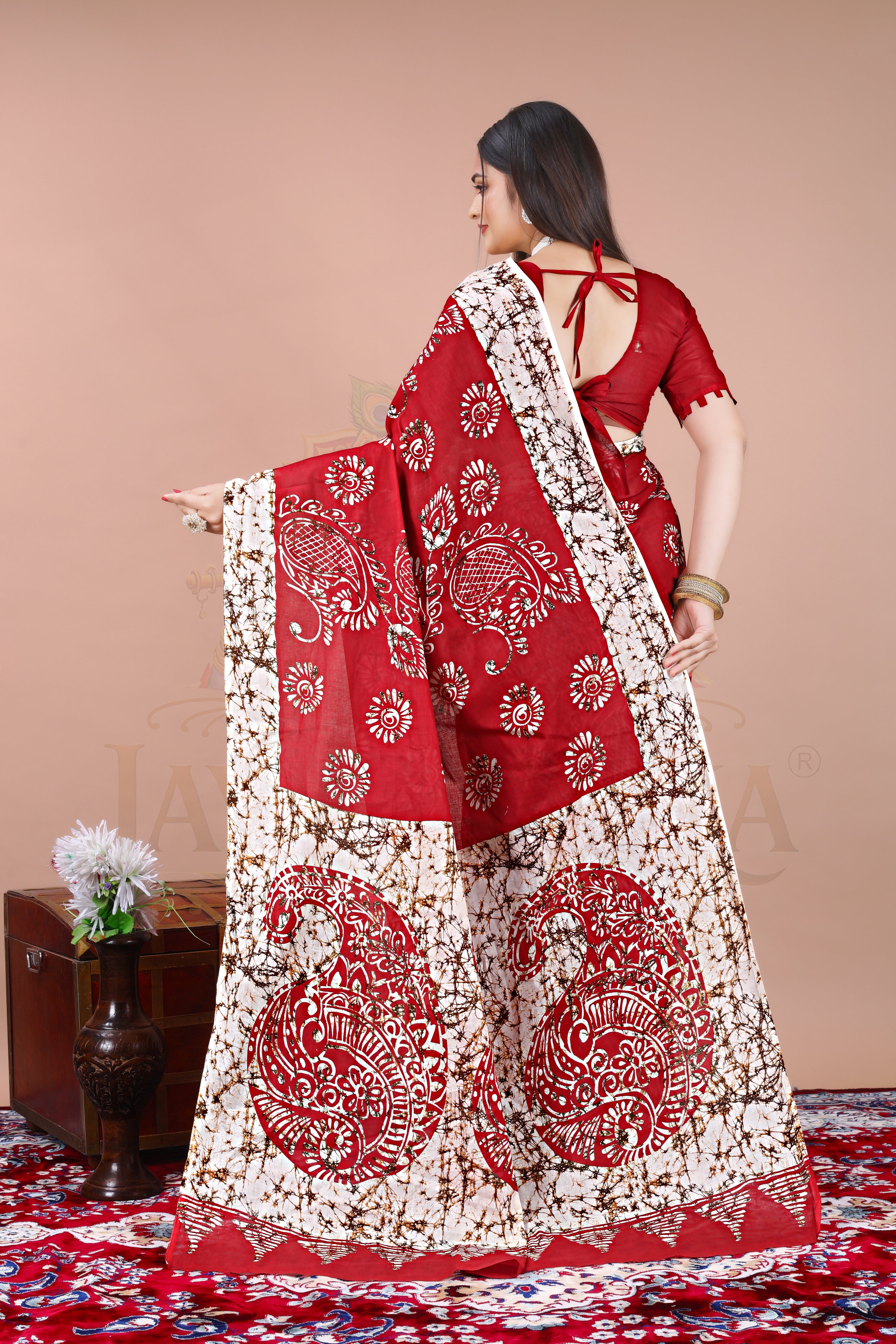 Red Ethnic Cotton Printed Saree Jay Radhika Textile