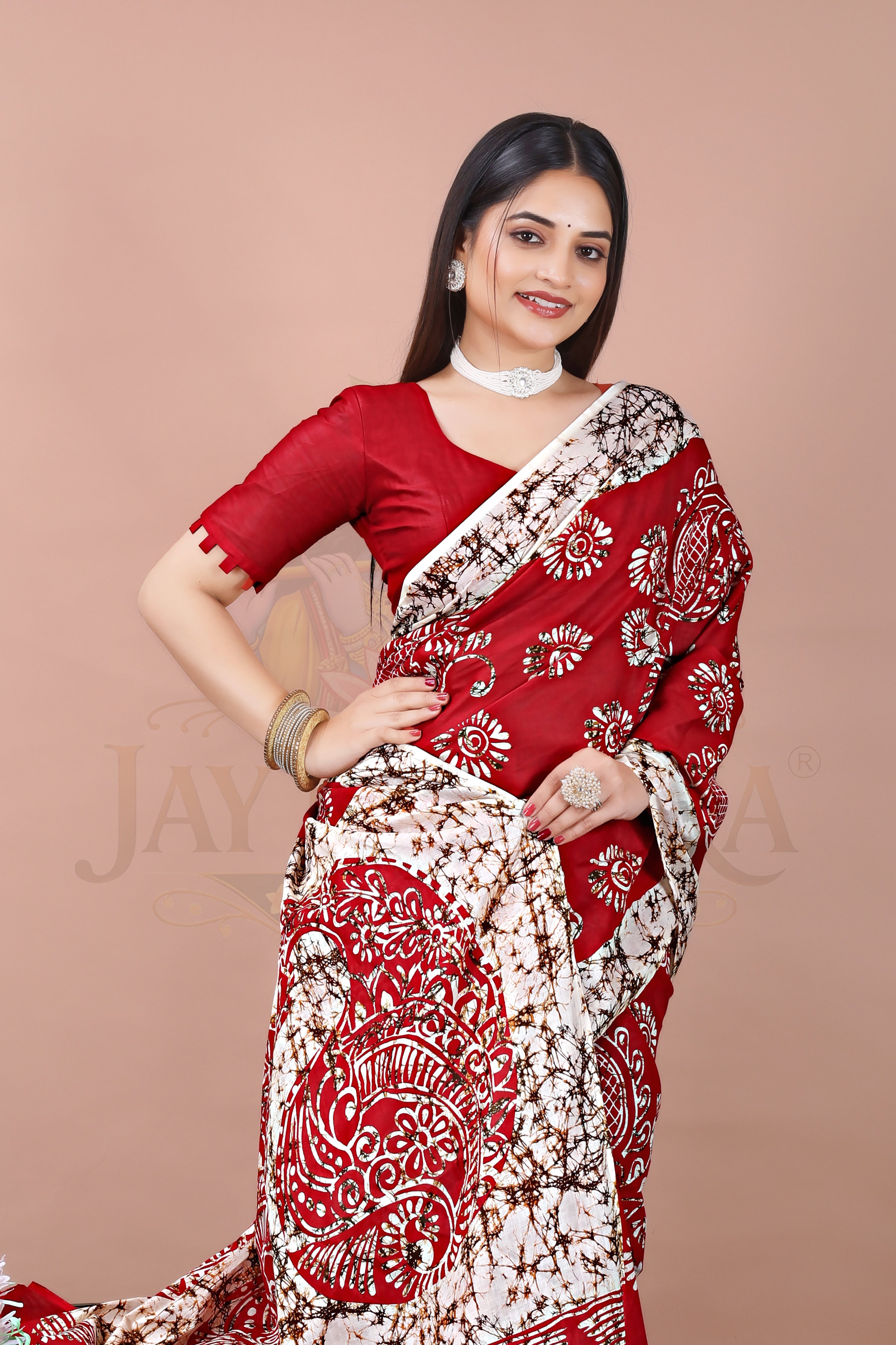Red Ethnic Cotton Printed Saree Jay Radhika Textile