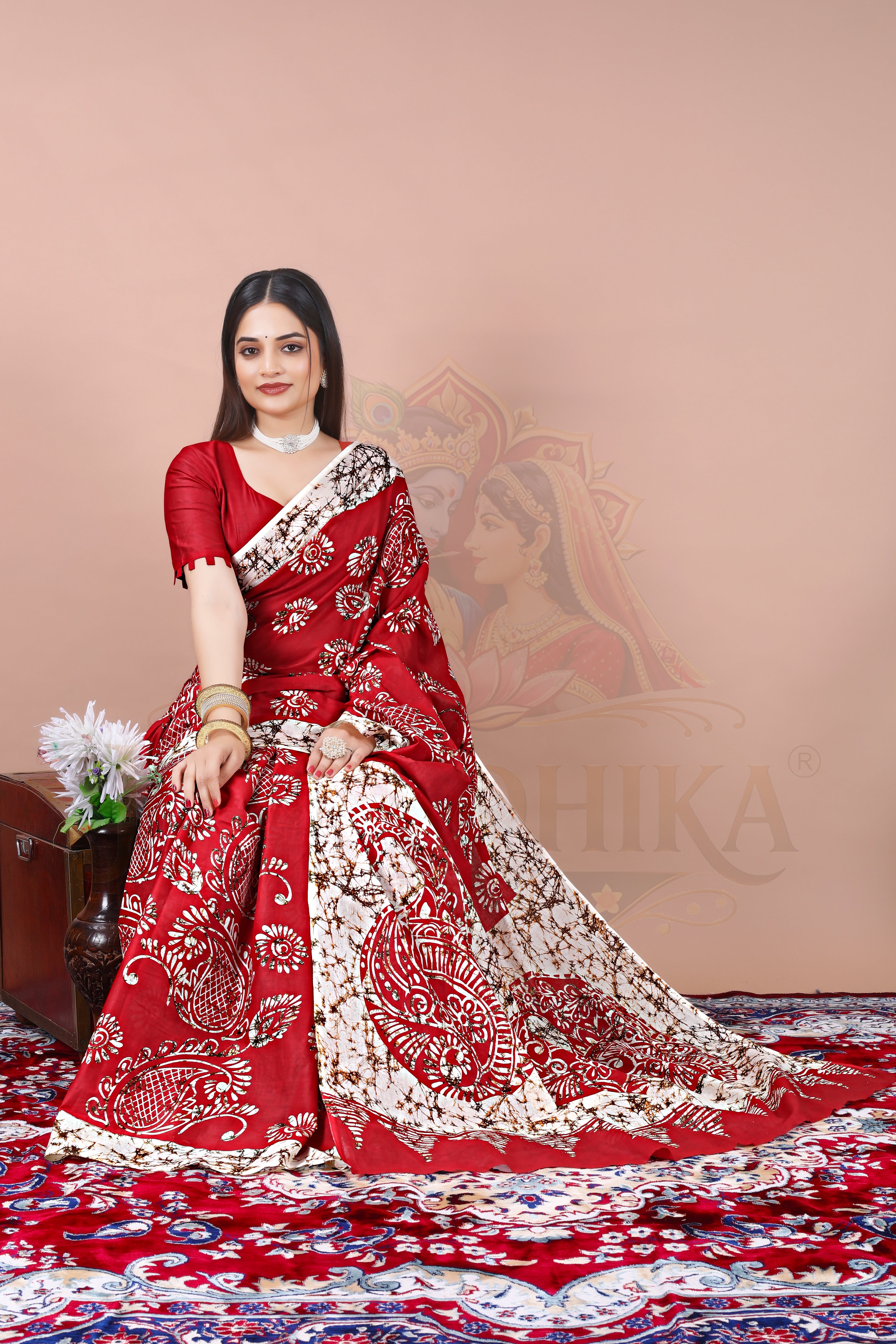 Red Ethnic Cotton Printed Saree Jay Radhika Textile