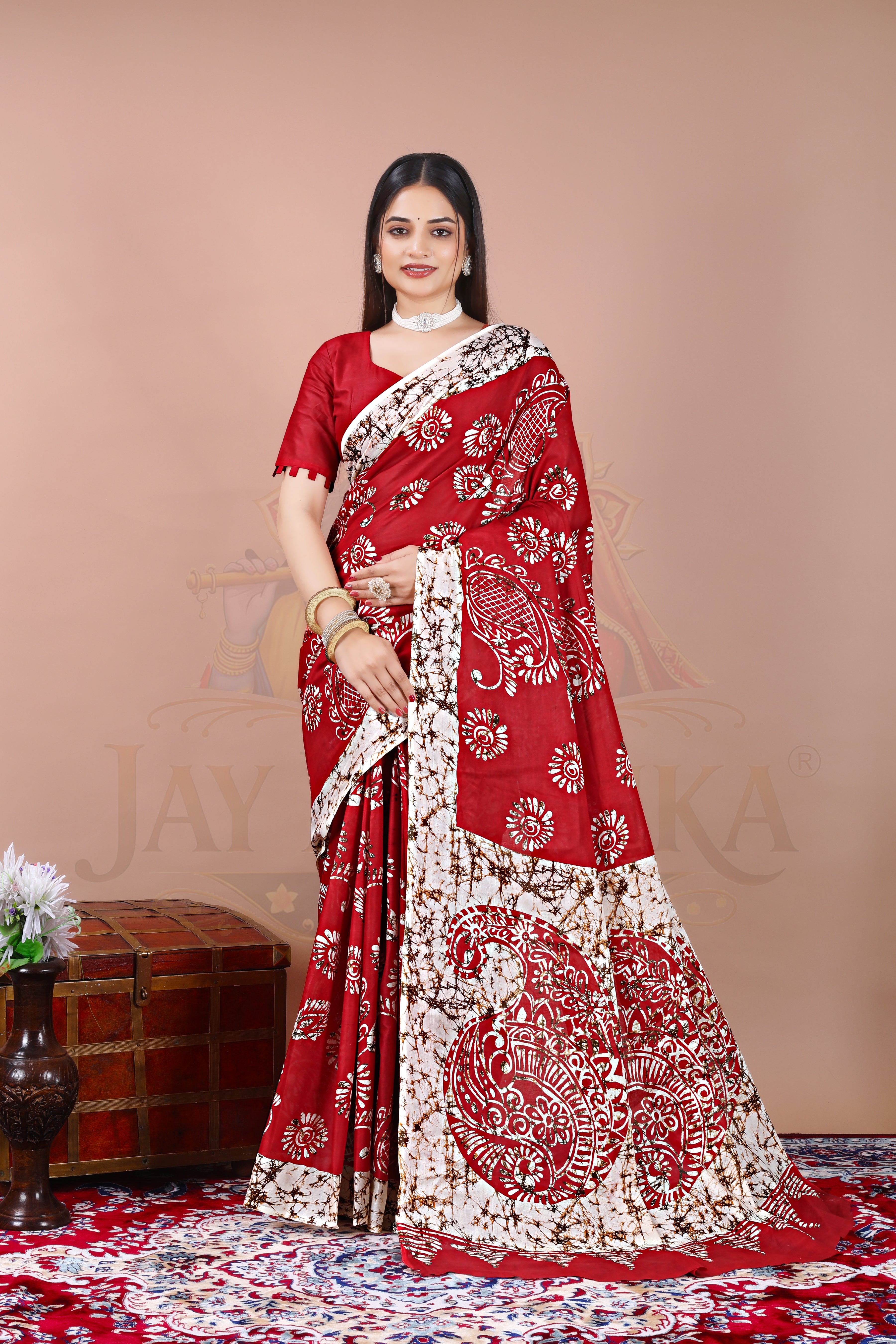 Red Ethnic Cotton Printed Saree Jay Radhika Textile