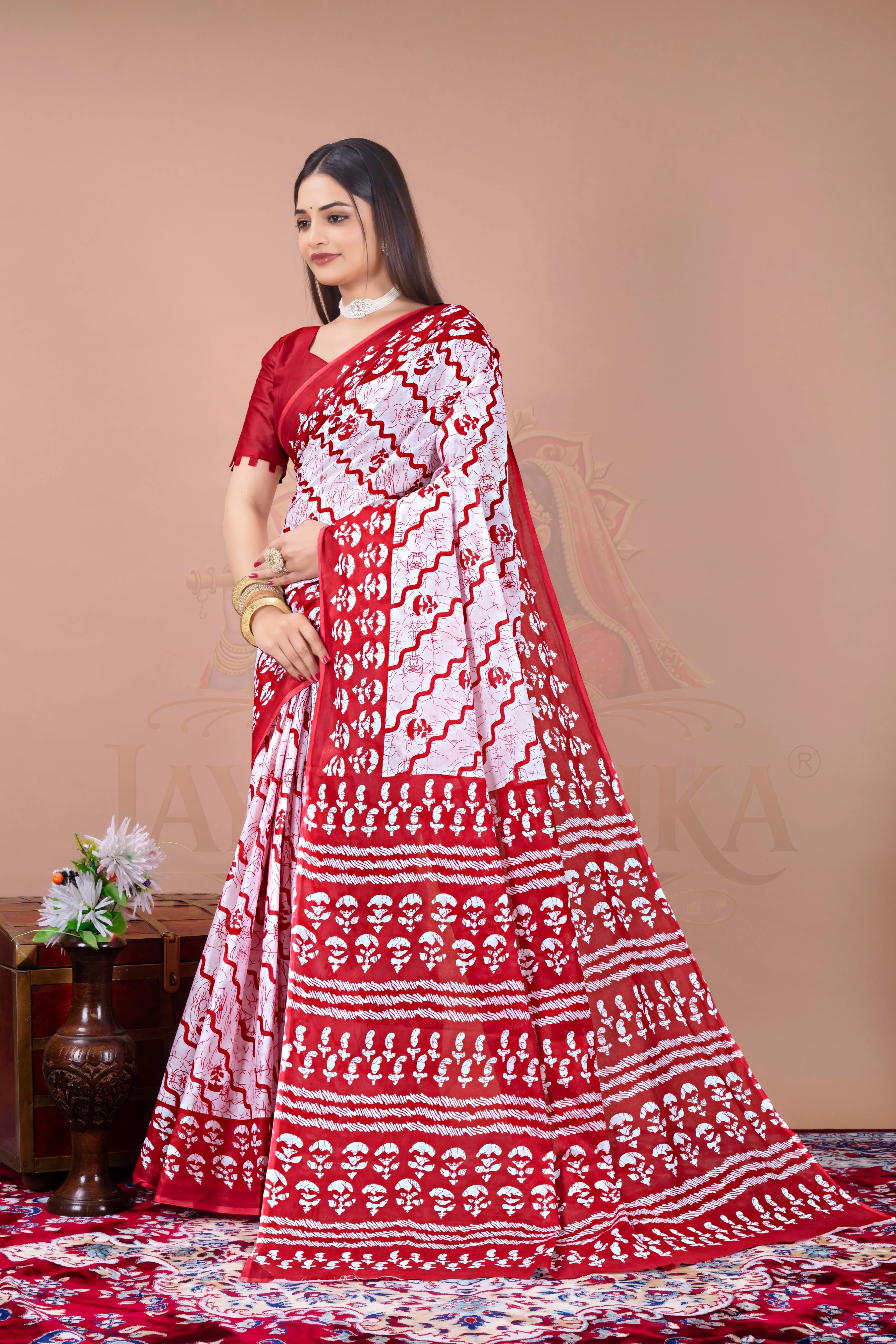 Red Rose Batik Printed Cotton Saree Jay Radhika Textile