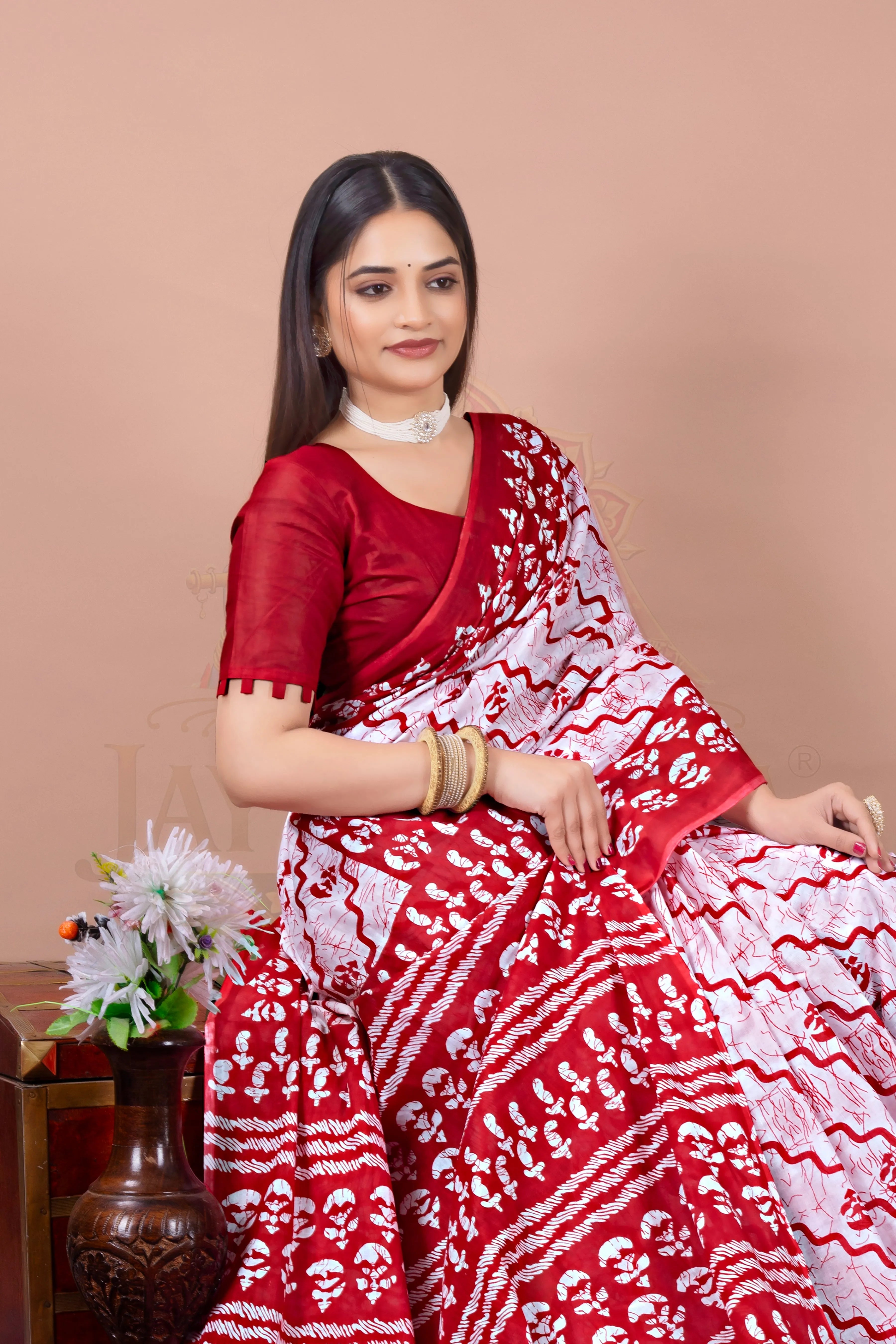 Red Rose Batik Printed Cotton Saree Jay Radhika Textile