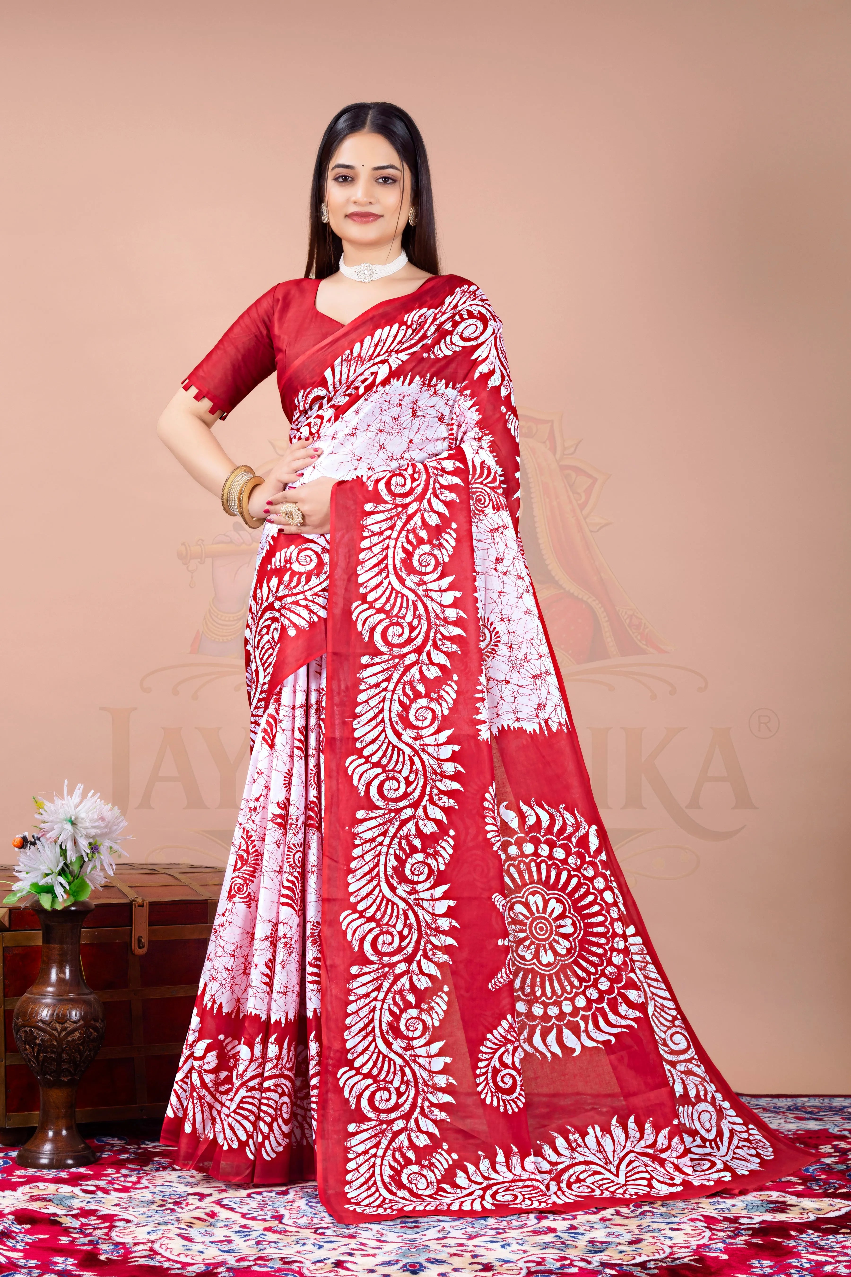 Red White Batik Printed Cotton Saree Jay Radhika Textile