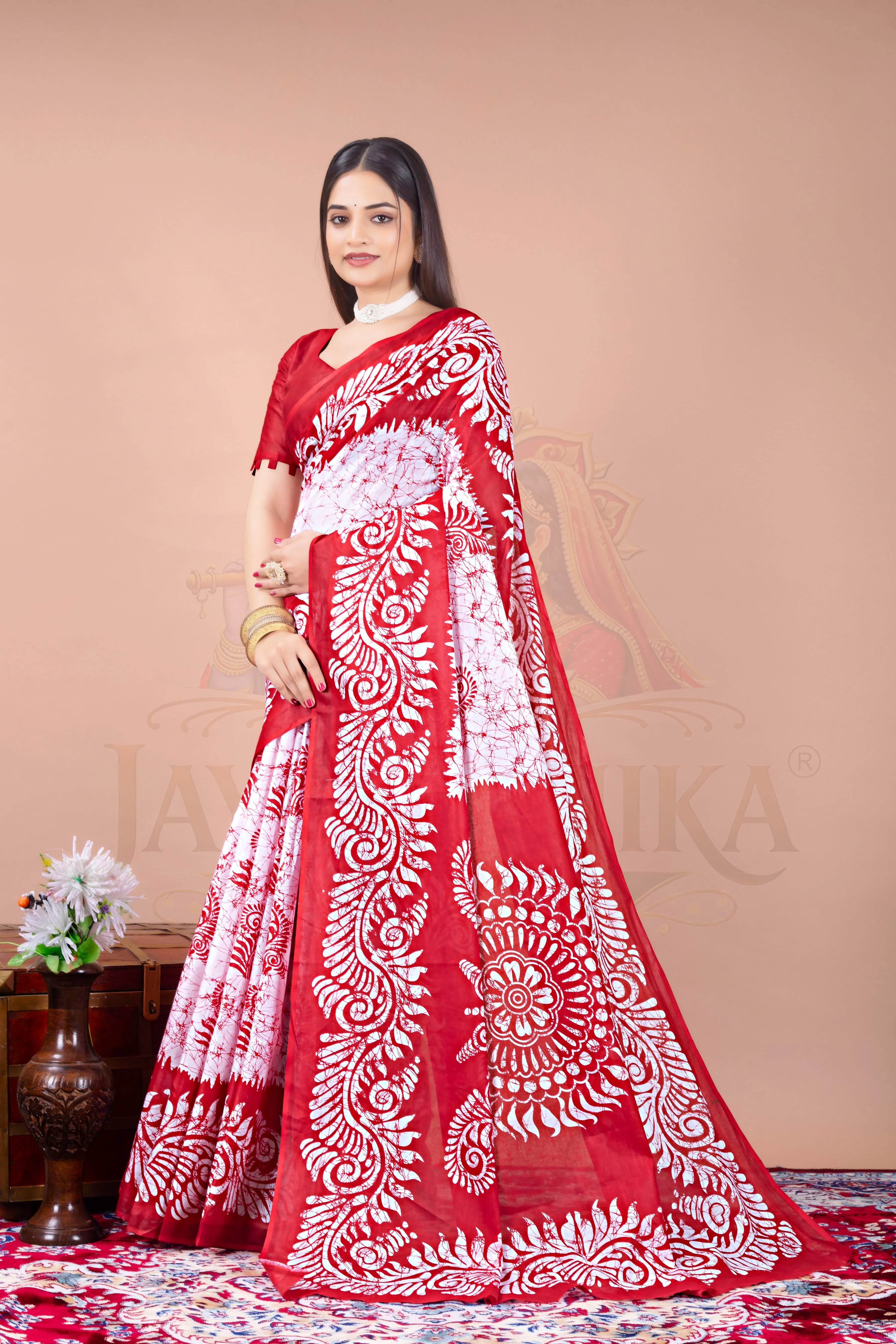 Red White Batik Printed Cotton Saree Jay Radhika Textile