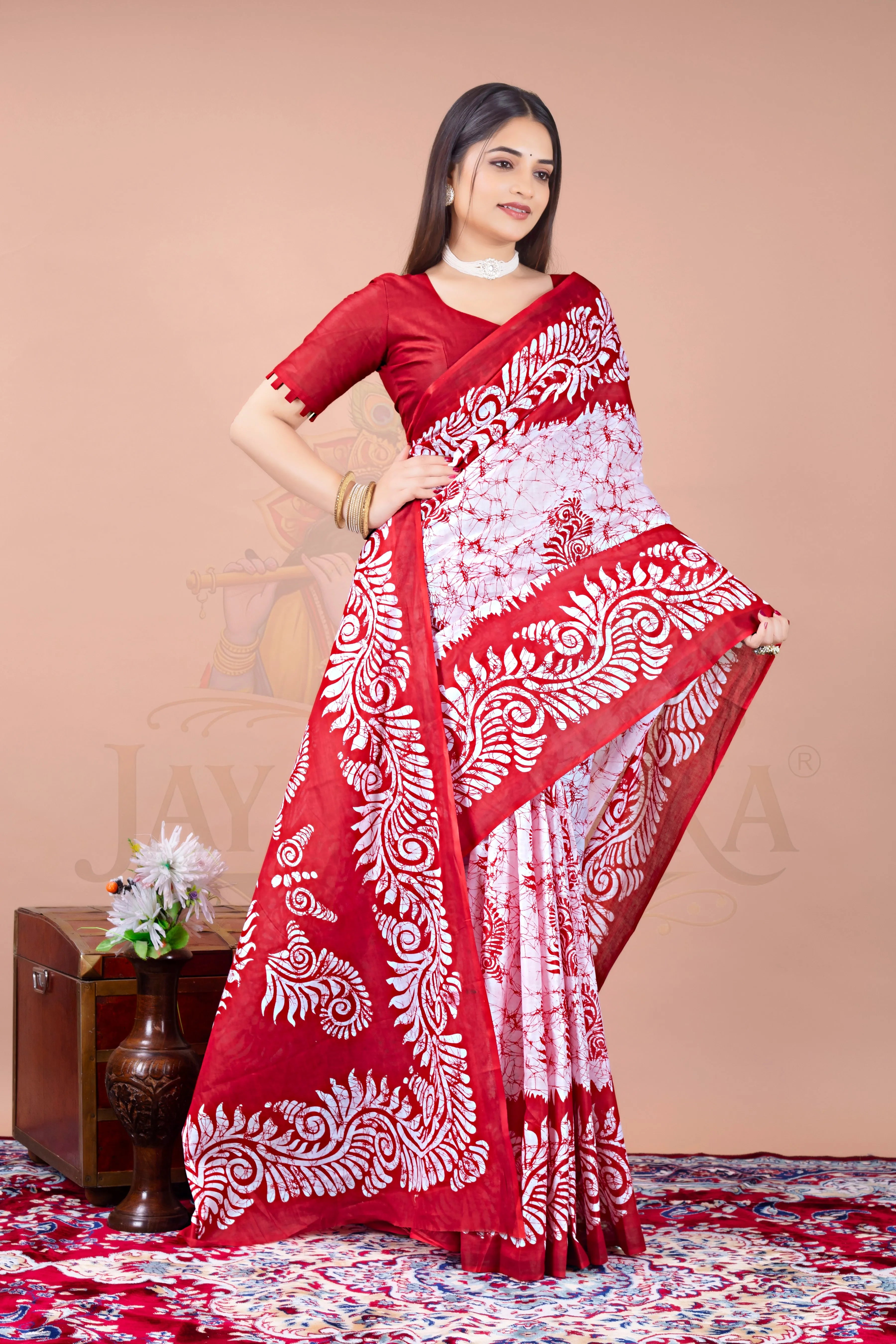 Red White Batik Printed Cotton Saree Jay Radhika Textile