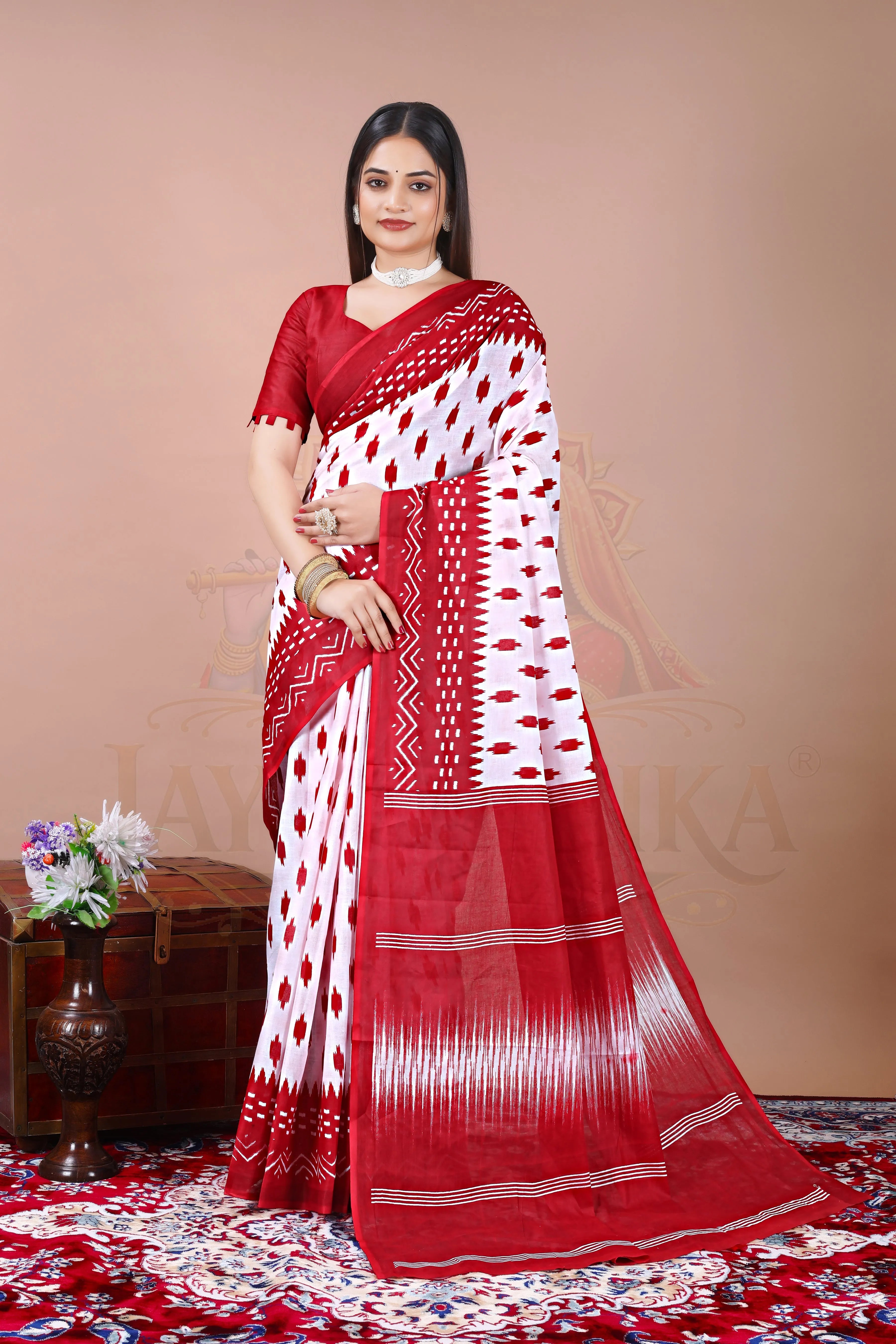 Red White Cotton Ikat Printed Saree Jay Radhika Textile