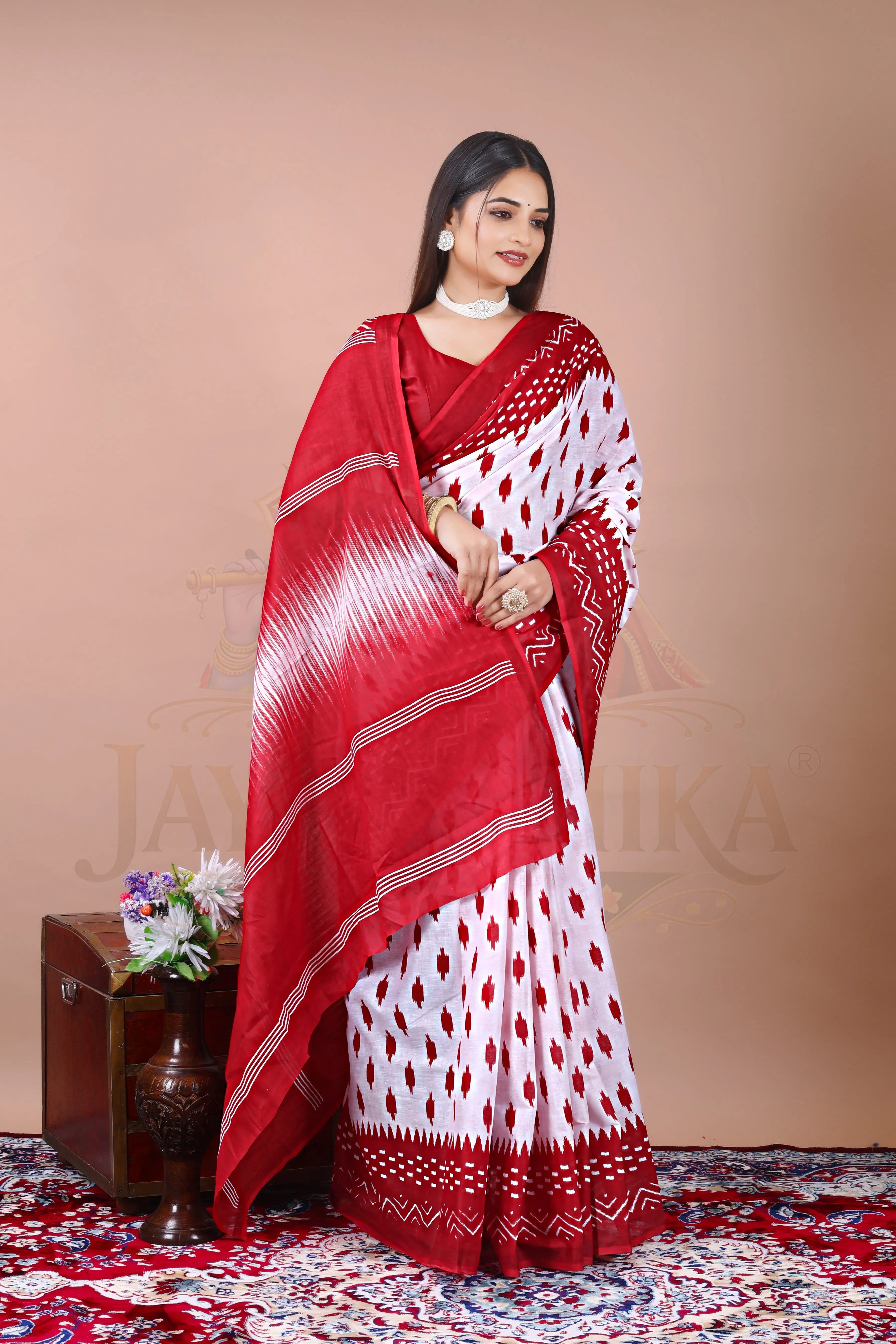 Red White Cotton Ikat Printed Saree Jay Radhika Textile