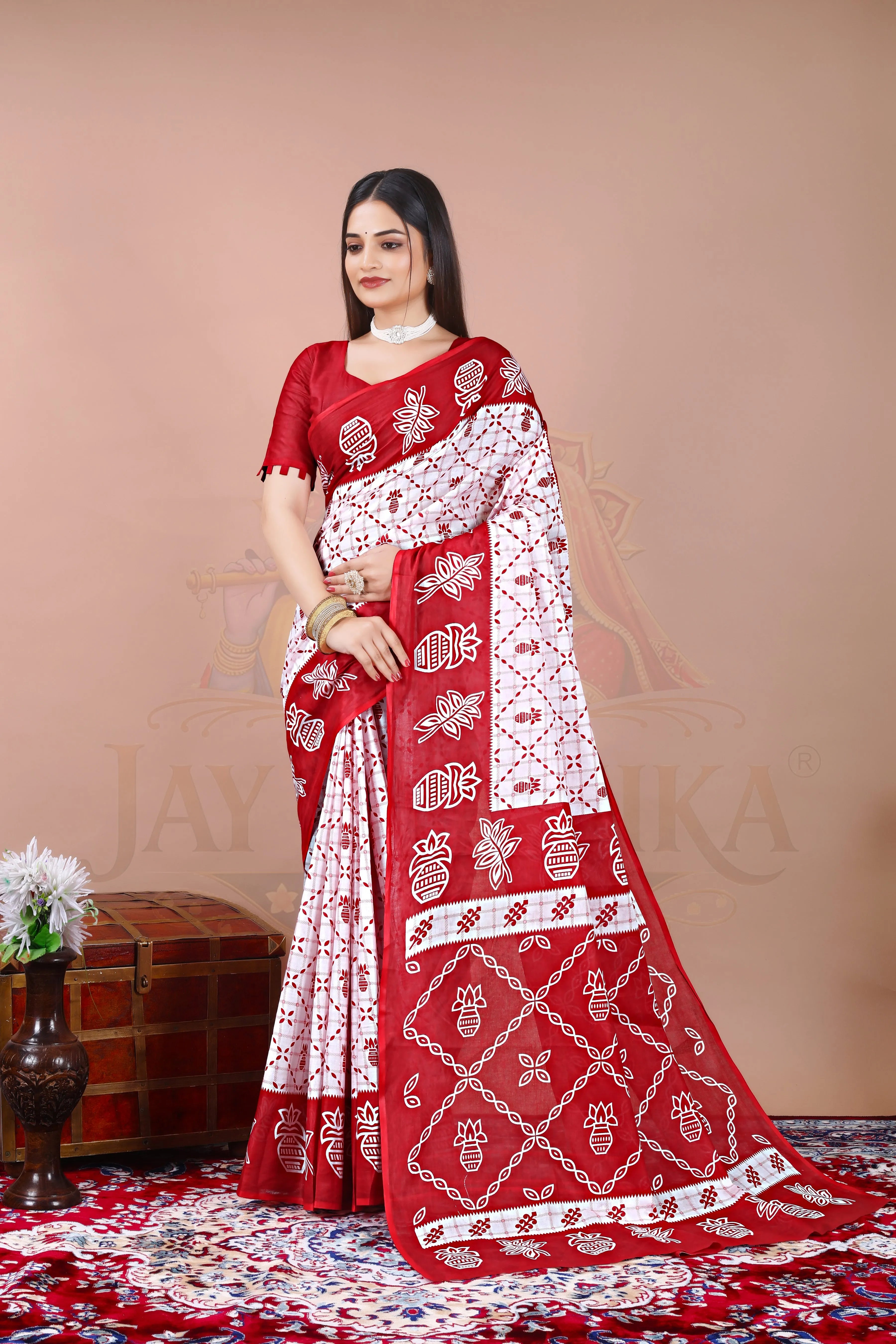 Red White Cotton Traditional Printed Saree Jay Radhika Textile