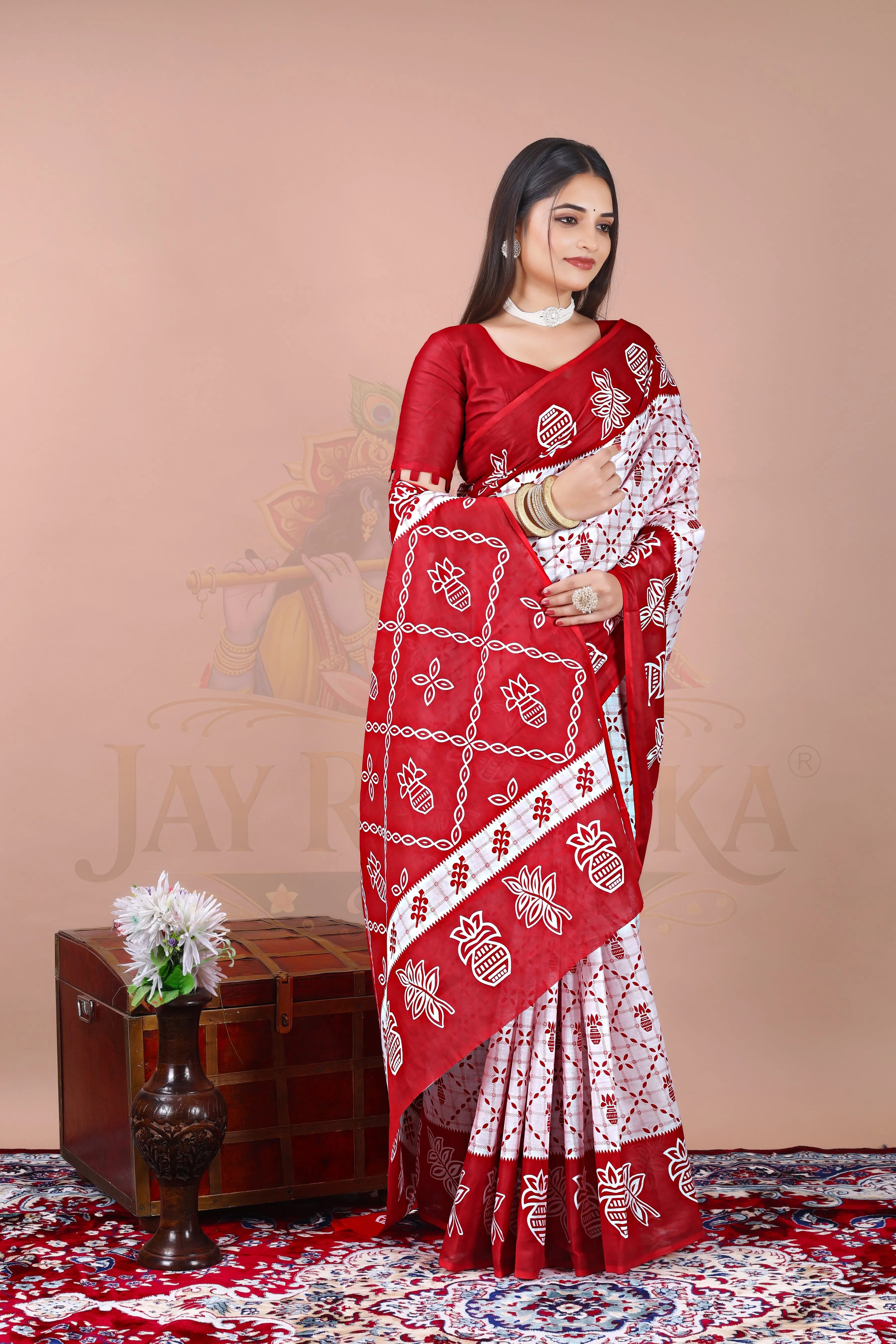 Red White Cotton Traditional Printed Saree Jay Radhika Textile