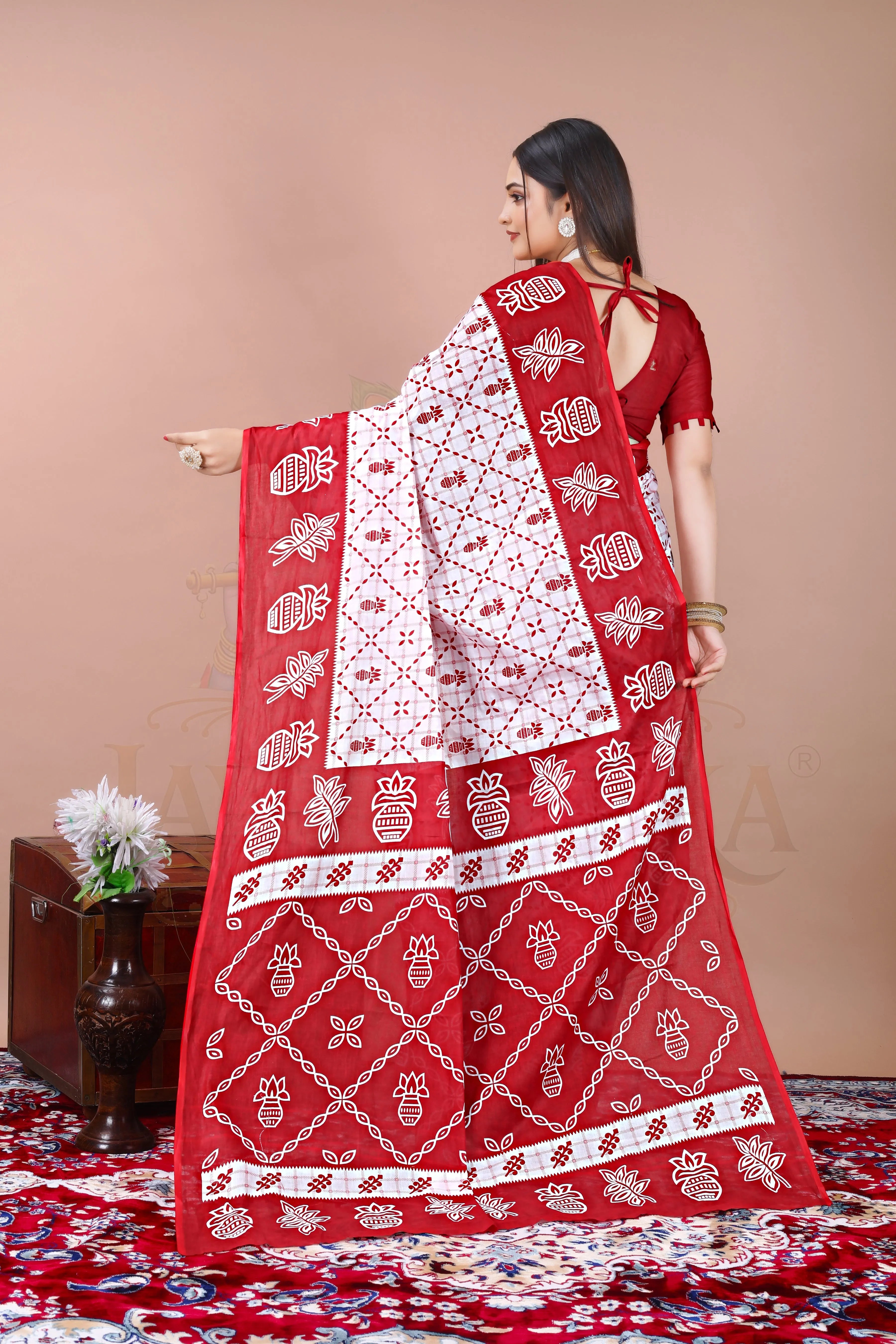 Red White Cotton Traditional Printed Saree Jay Radhika Textile