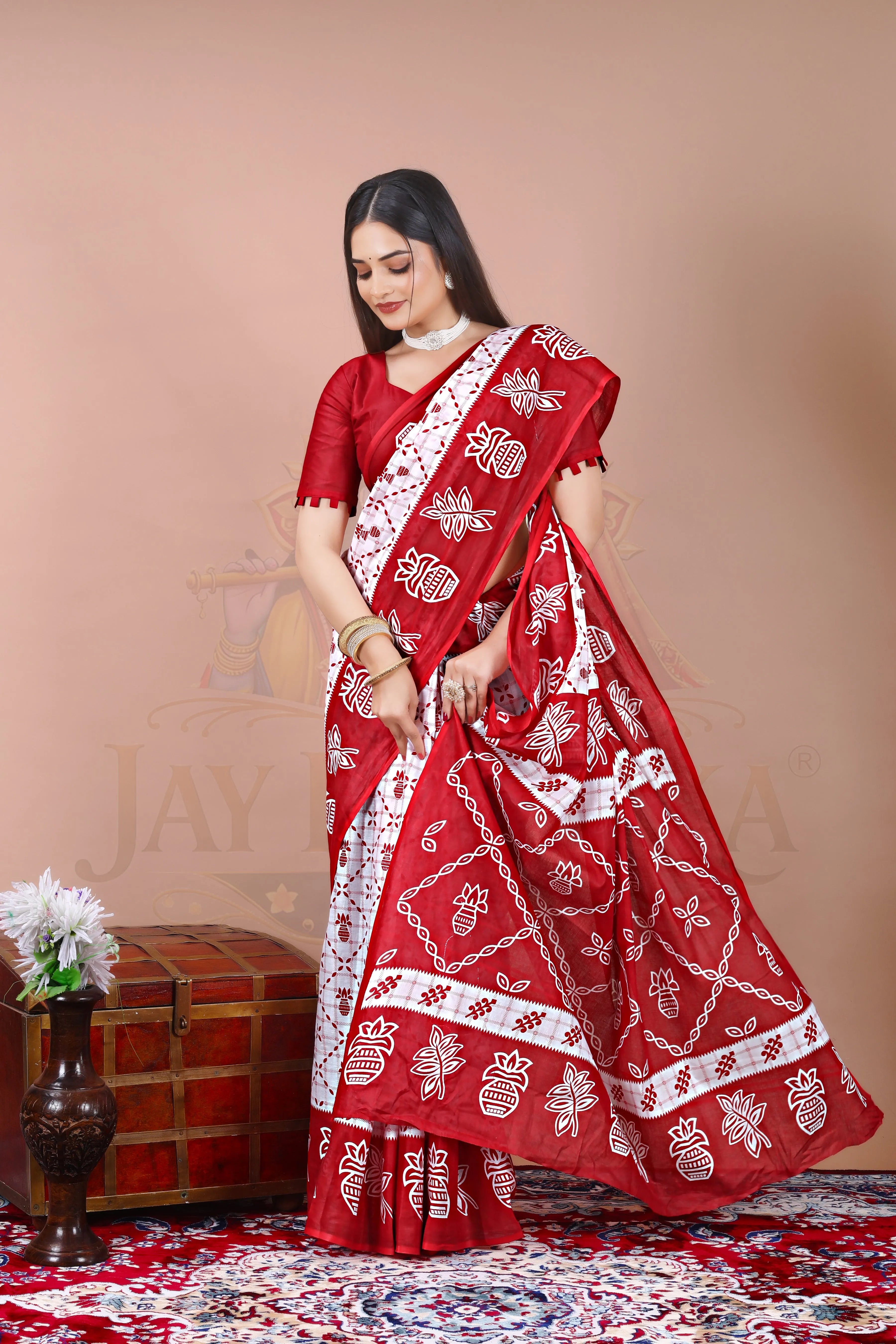 Red White Cotton Traditional Printed Saree Jay Radhika Textile
