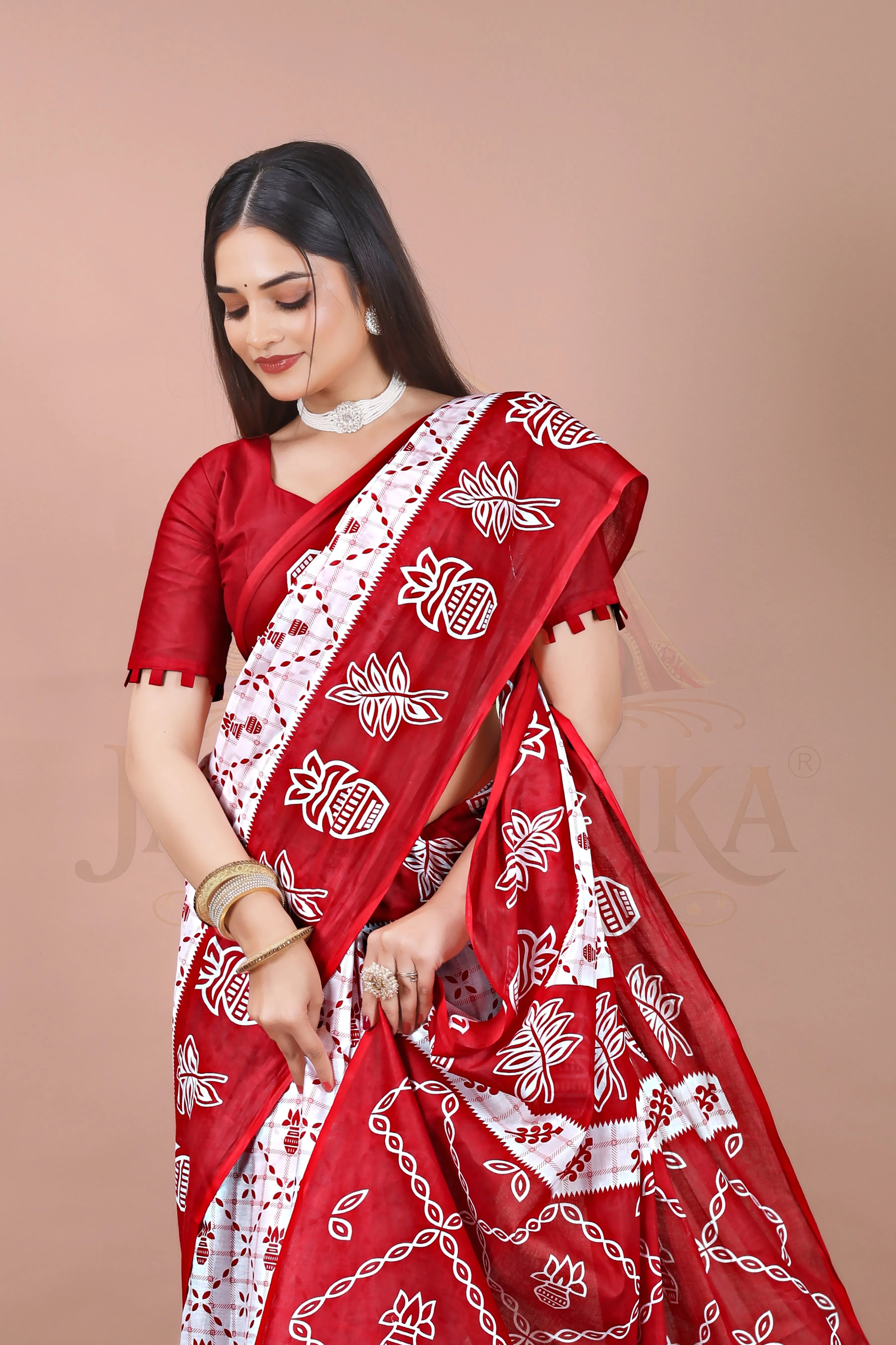 Red White Cotton Traditional Printed Saree Jay Radhika Textile