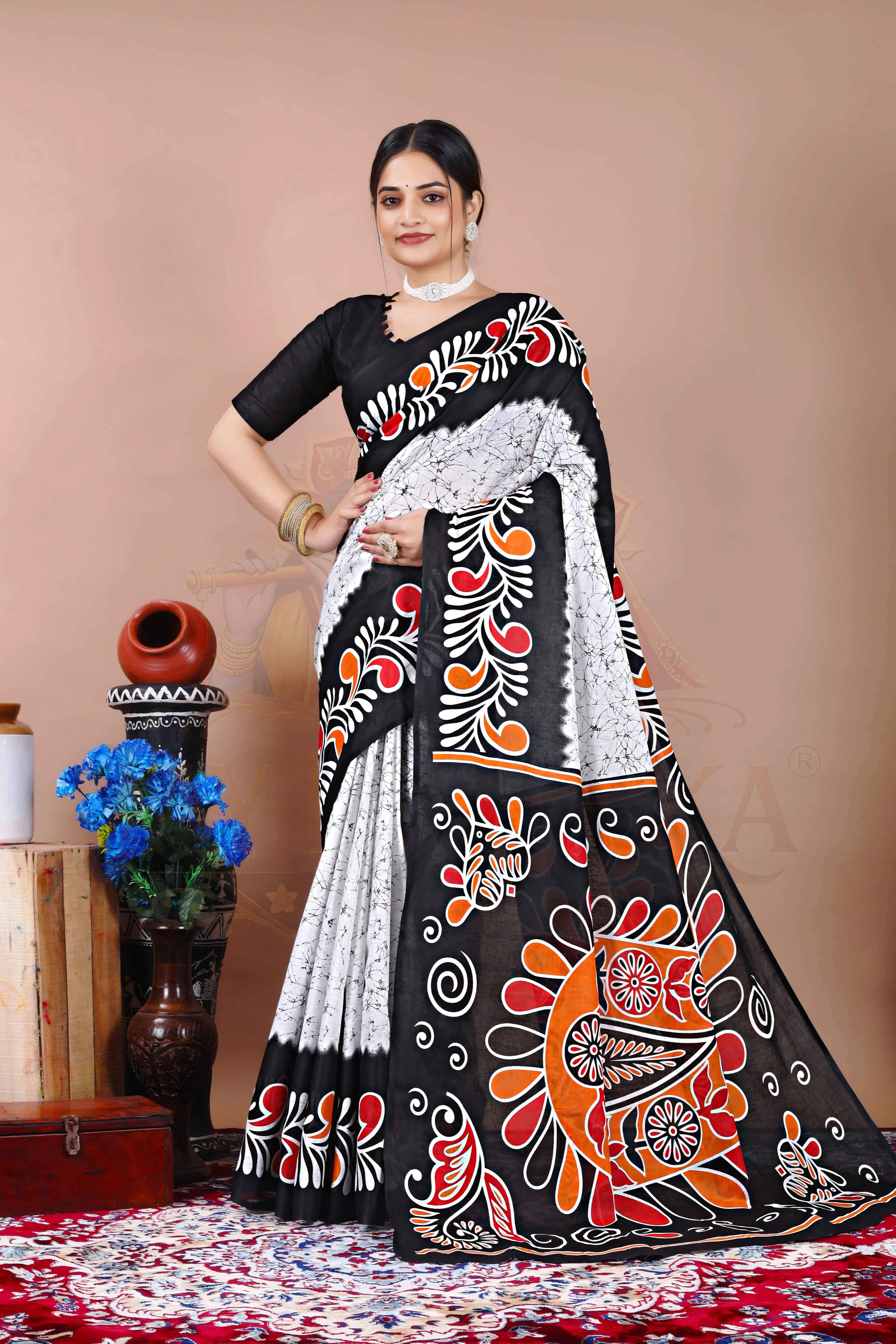 White Black Cotton Folk Art Printed Saree Jay Radhika Textile