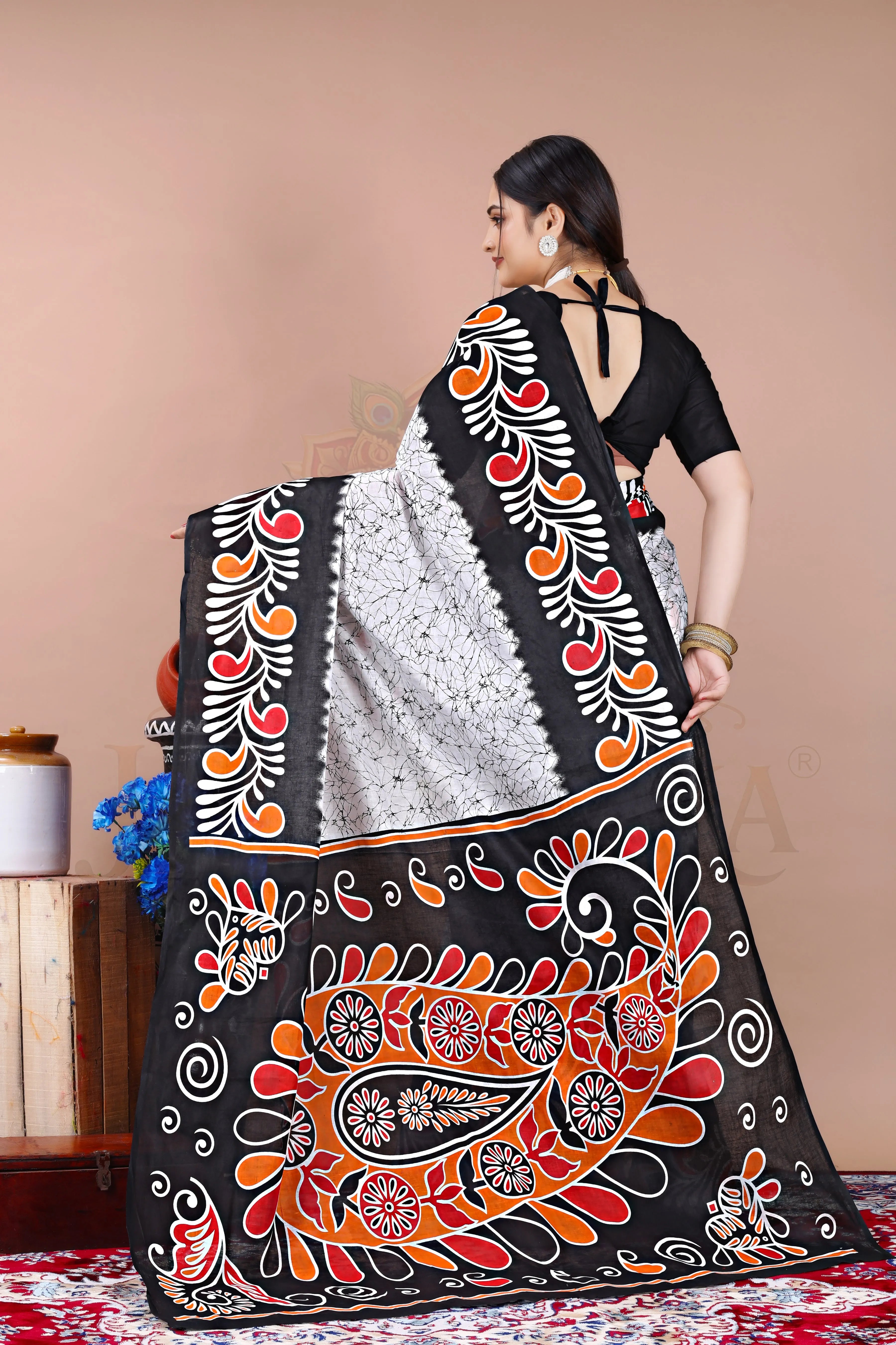 White Black Cotton Folk Art Printed Saree Jay Radhika Textile