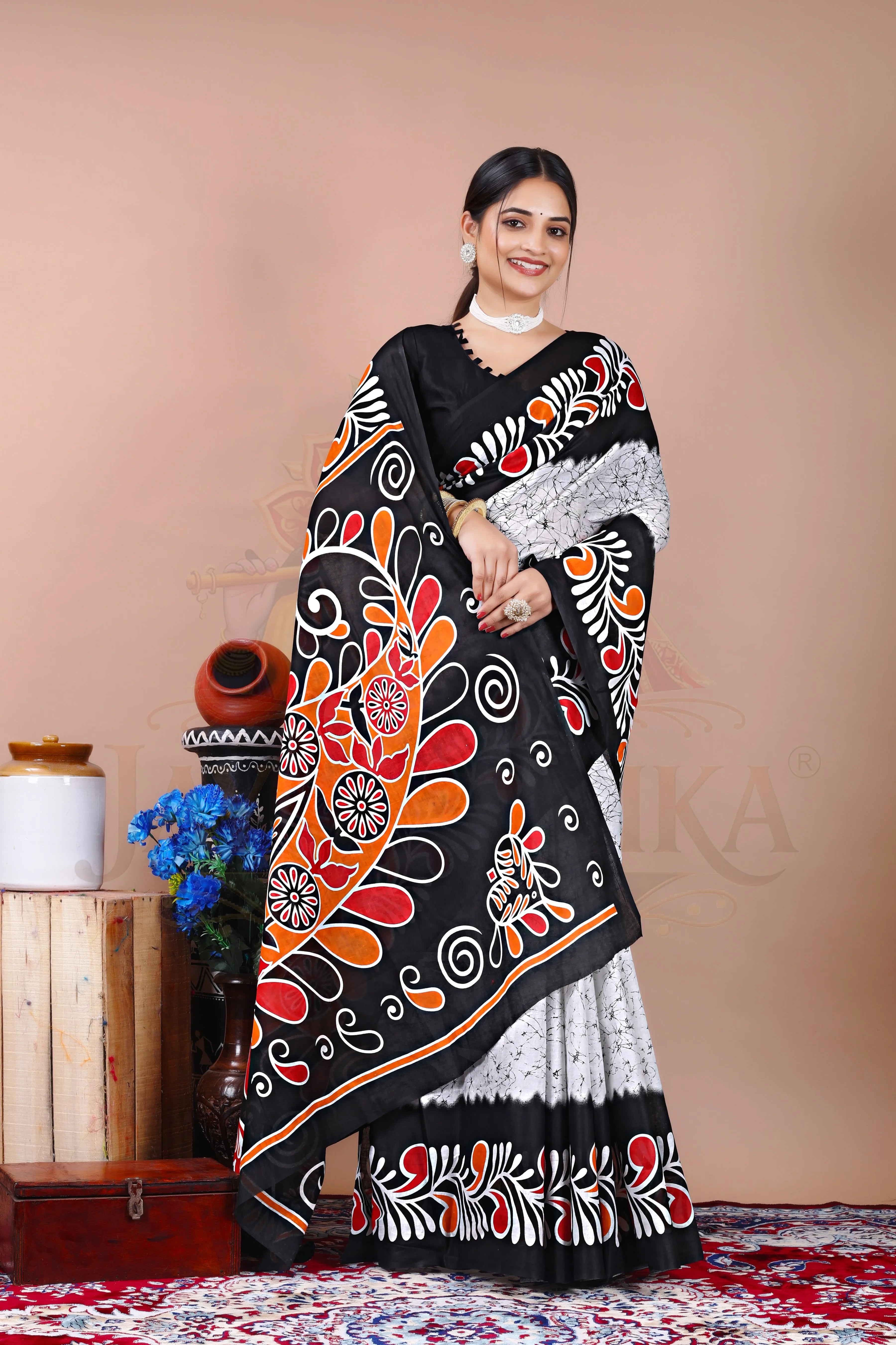 White Black Cotton Folk Art Printed Saree Jay Radhika Textile
