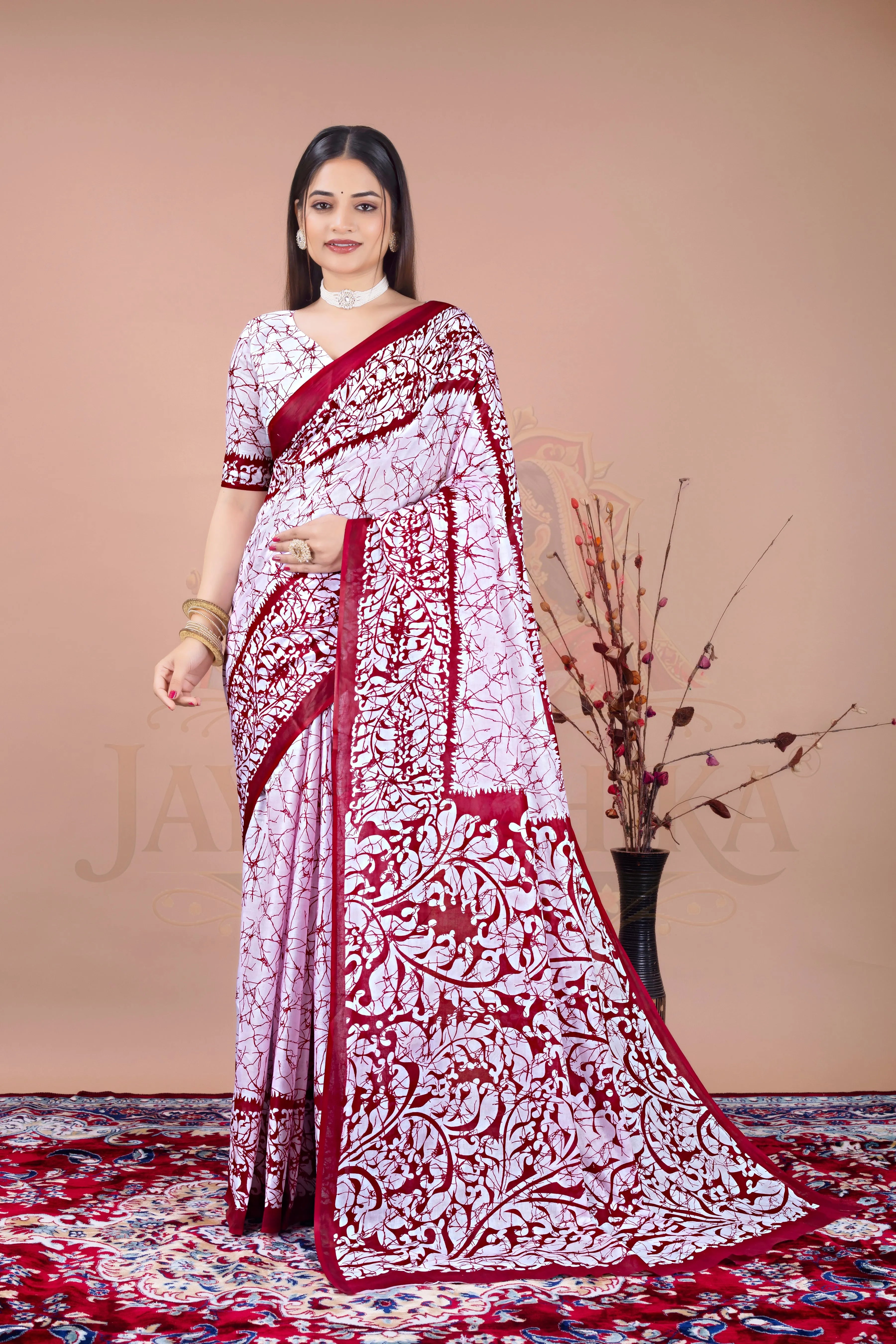 White Maroon Batik Printed Cotton Saree Jay Radhika Textile
