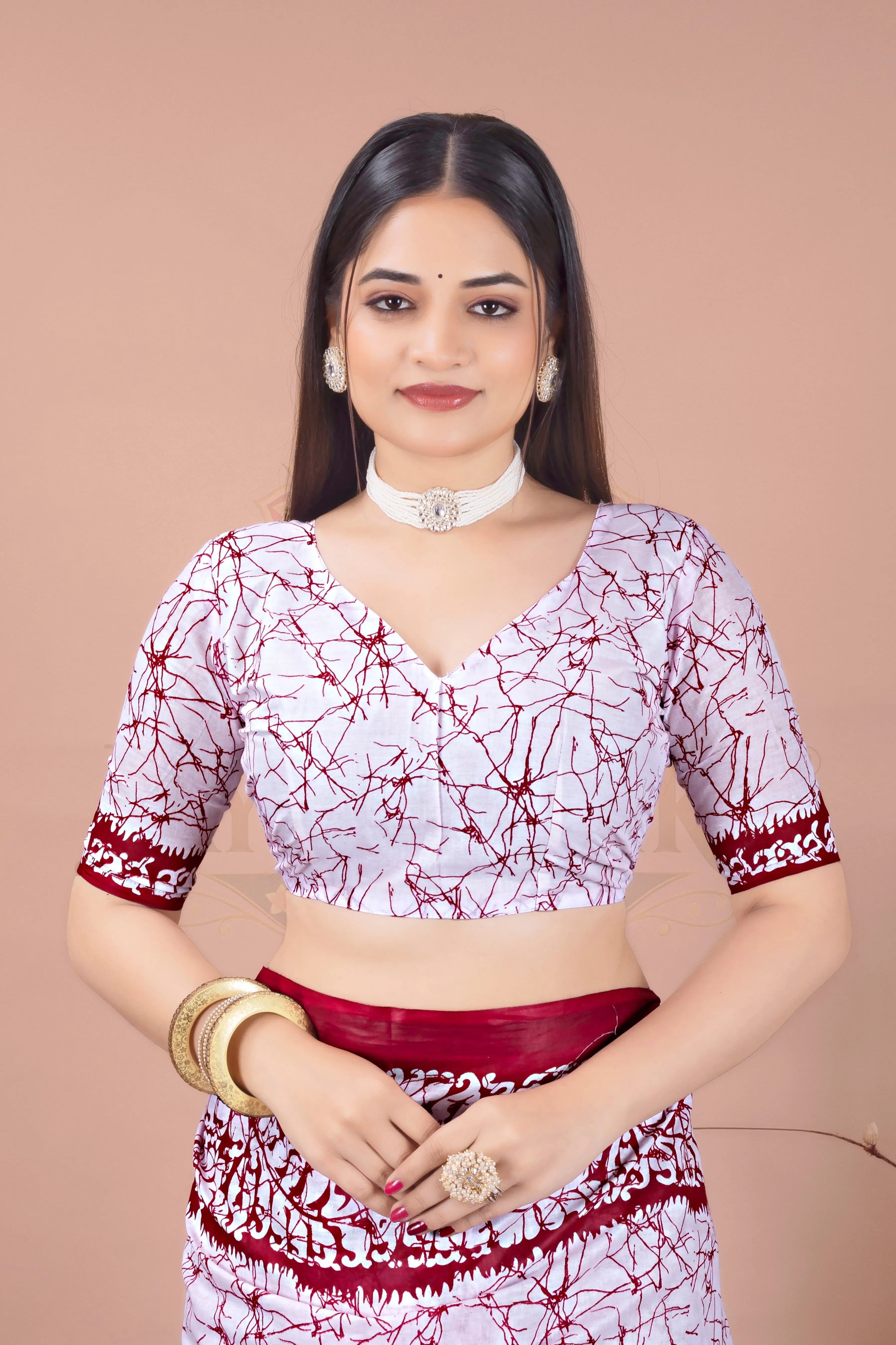 White Maroon Batik Printed Cotton Saree Jay Radhika Textile