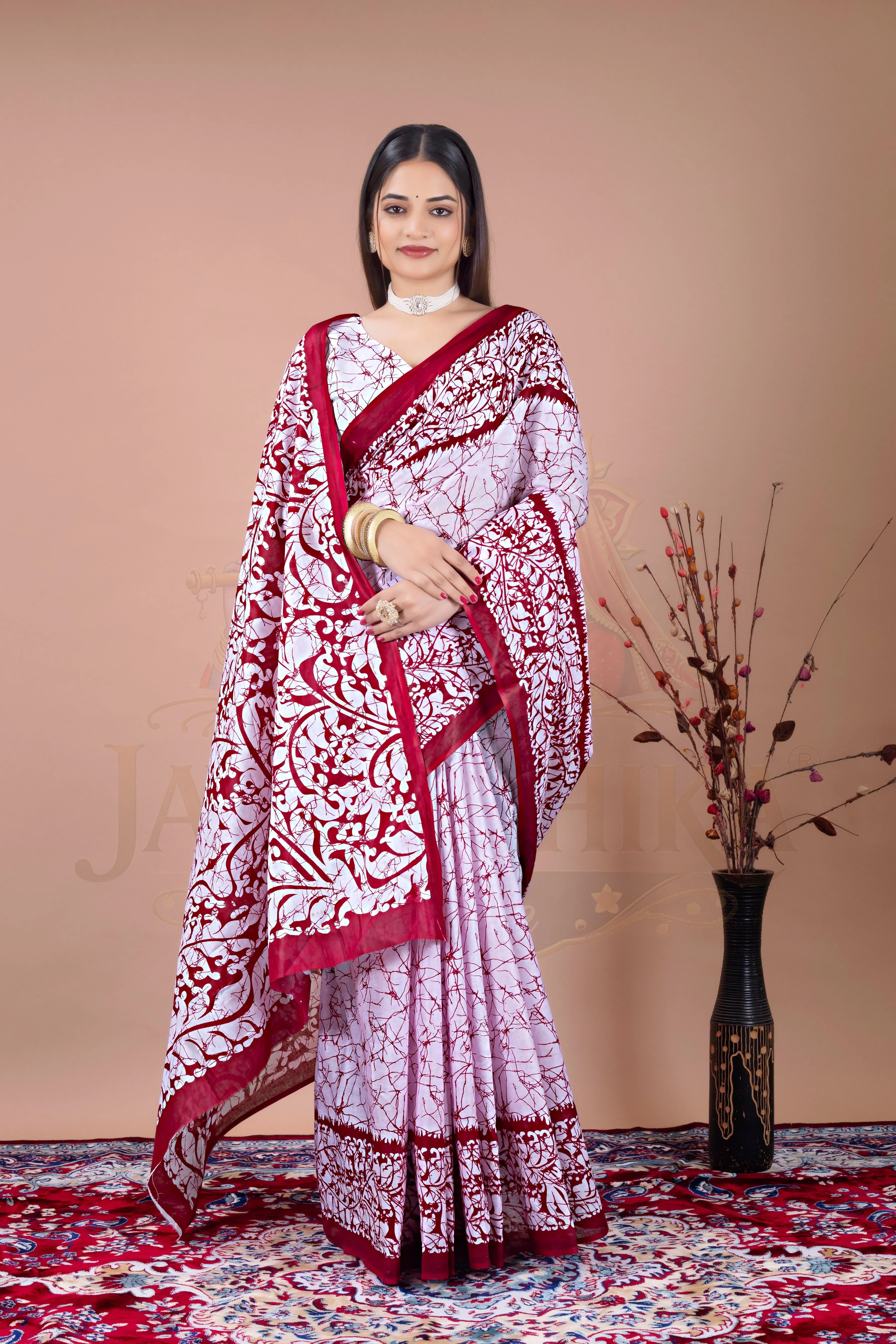 White Maroon Batik Printed Cotton Saree Jay Radhika Textile