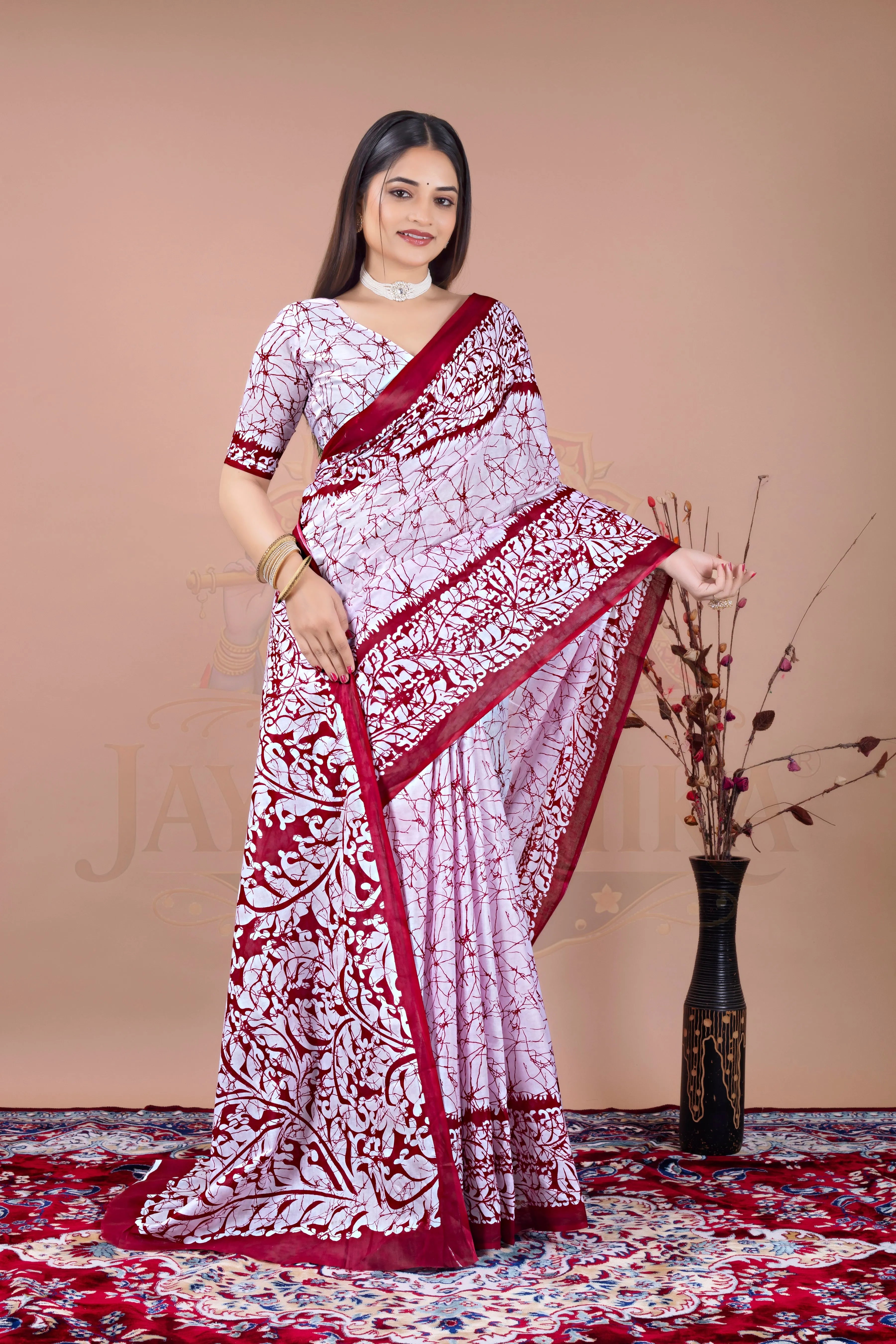 White Maroon Batik Printed Cotton Saree Jay Radhika Textile