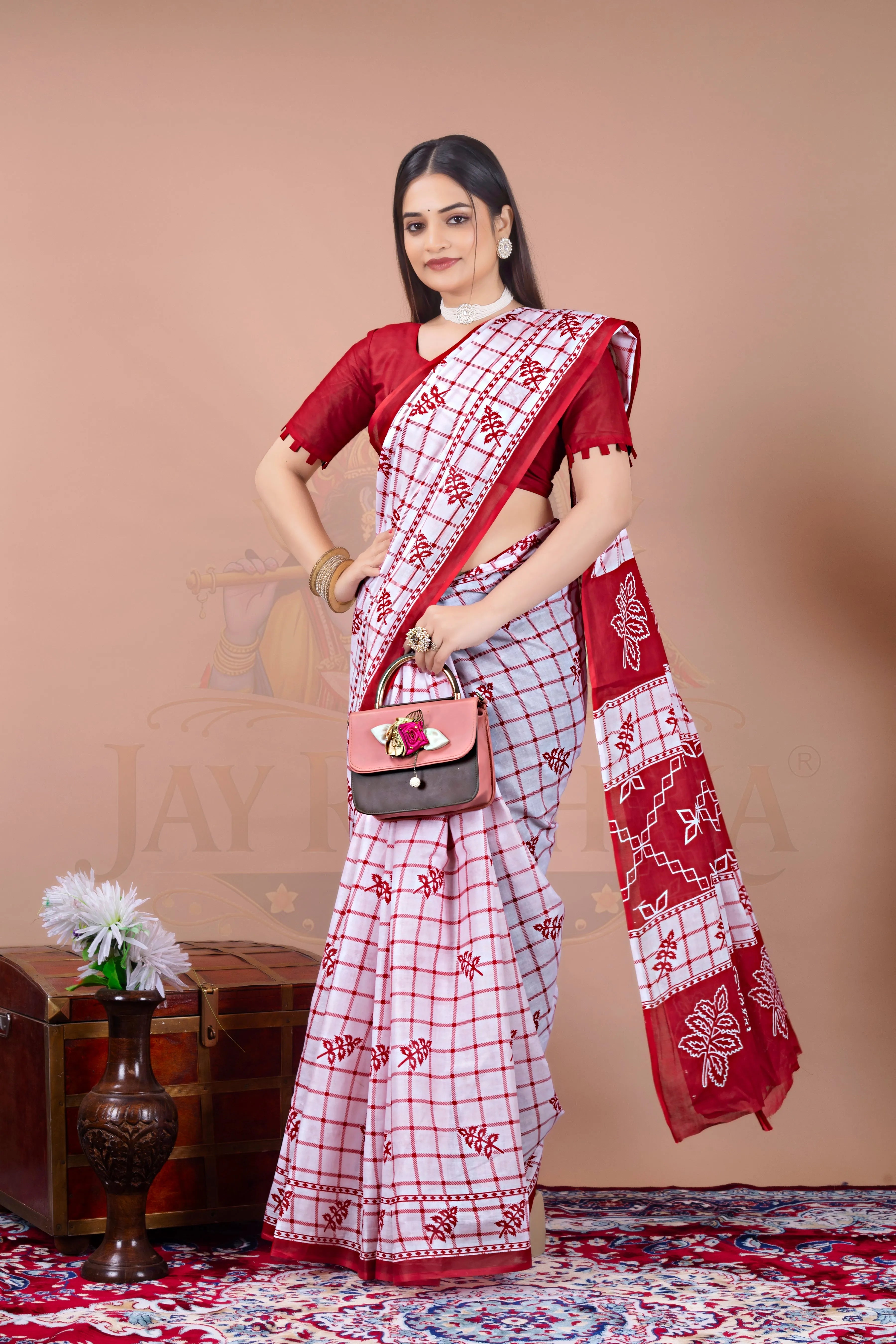 White Red Cotton Check Printed Saree Jay Radhika Textile