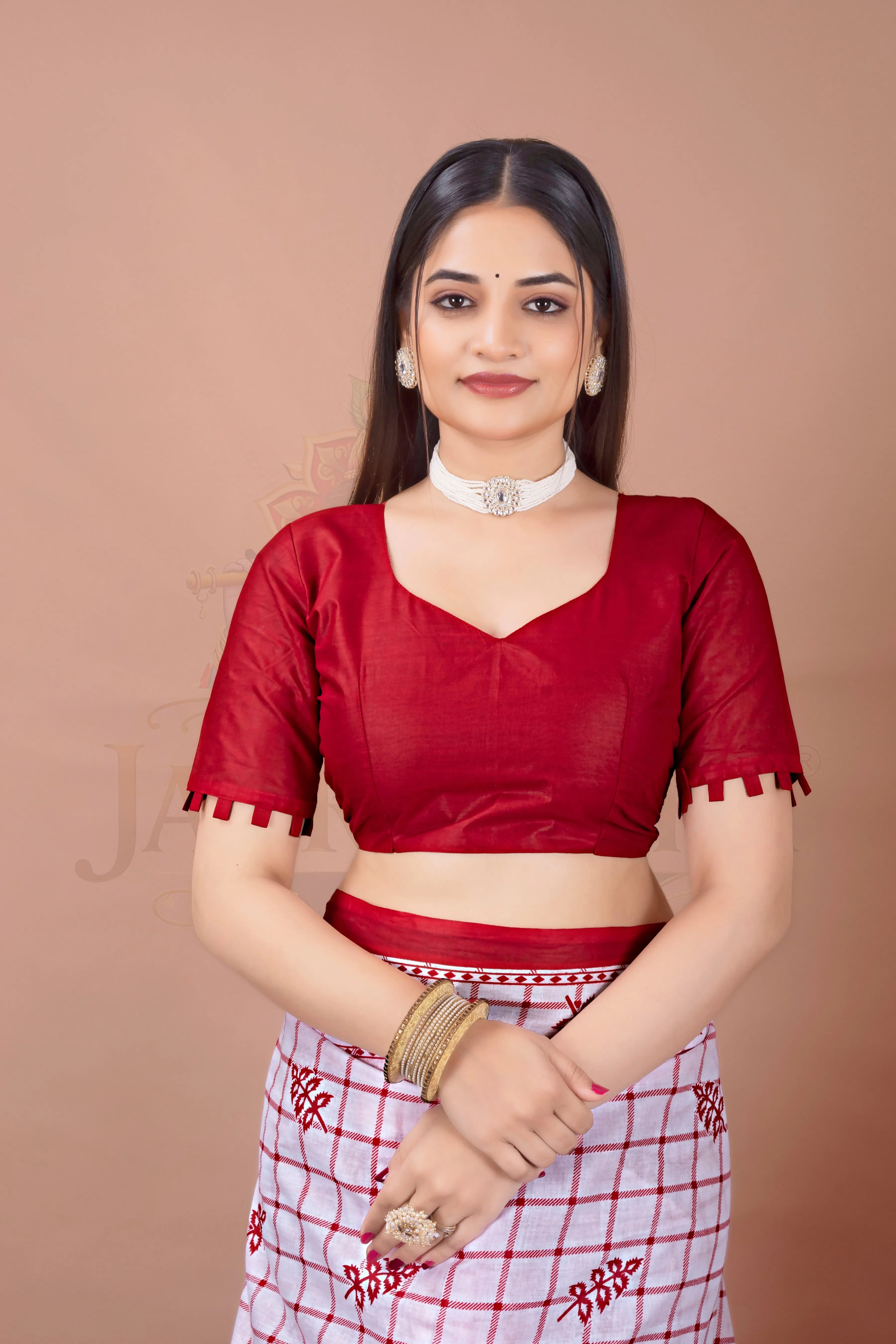 White Red Cotton Check Printed Saree Jay Radhika Textile