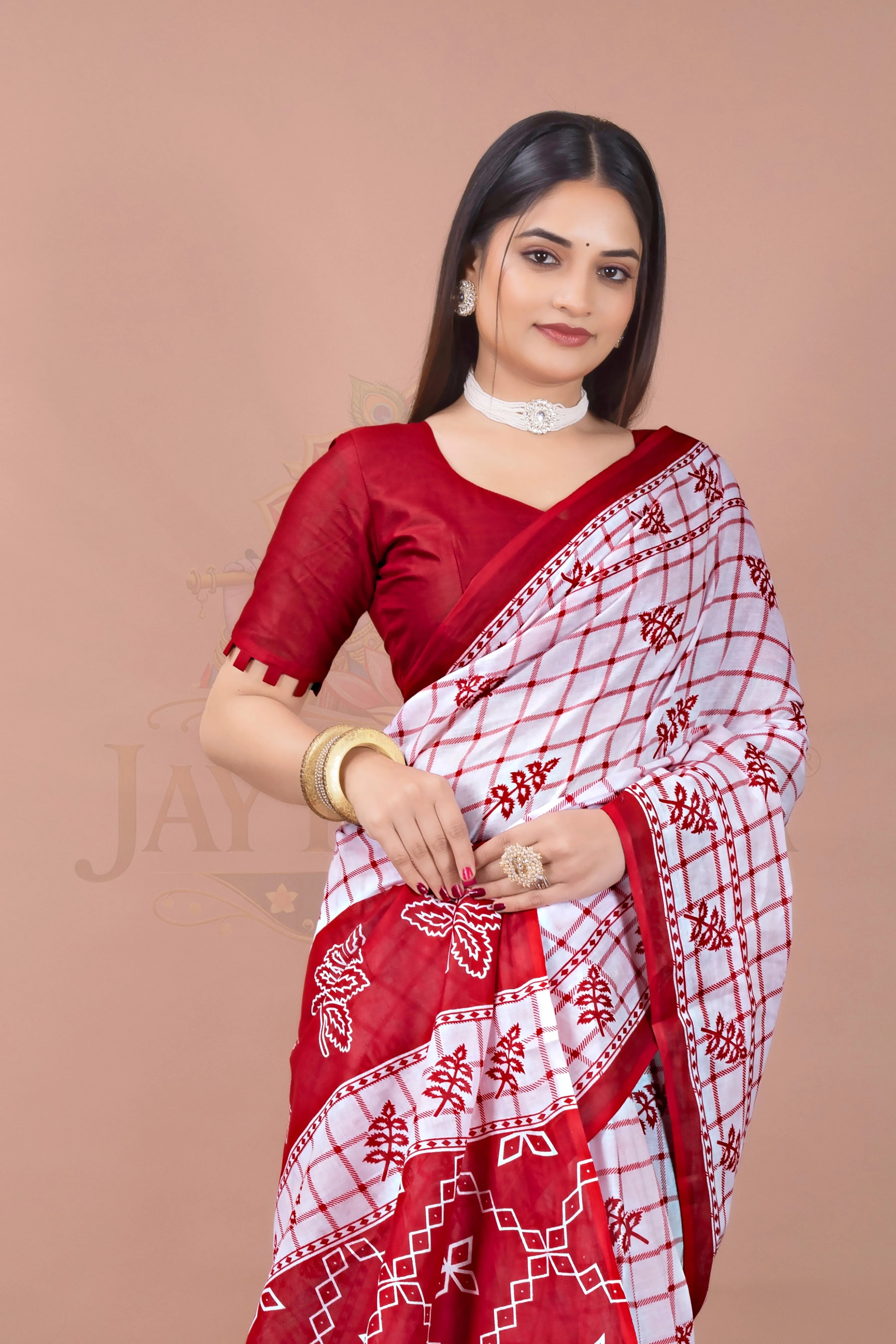 White Red Cotton Check Printed Saree Jay Radhika Textile