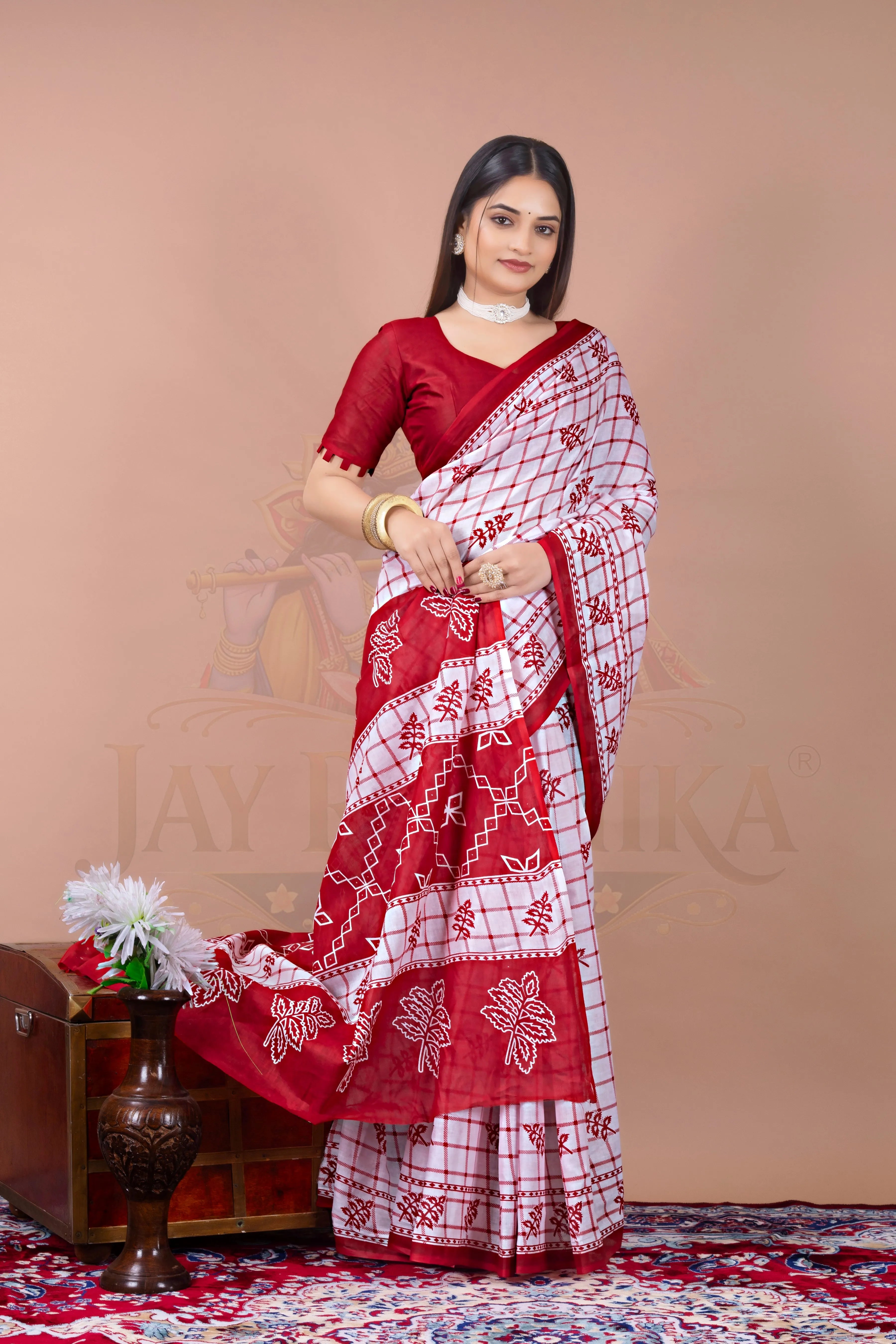White Red Cotton Check Printed Saree Jay Radhika Textile