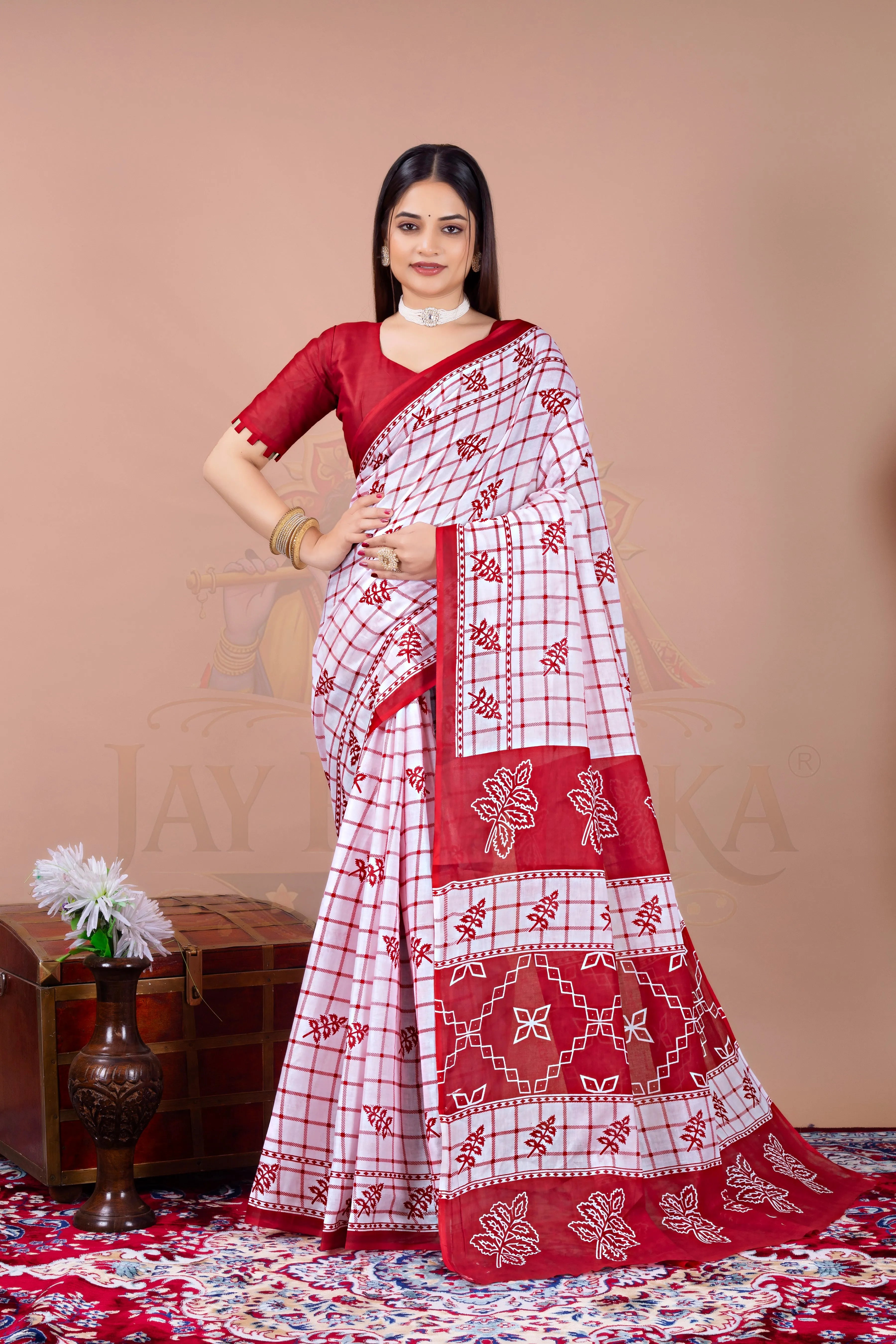 White Red Cotton Check Printed Saree Jay Radhika Textile
