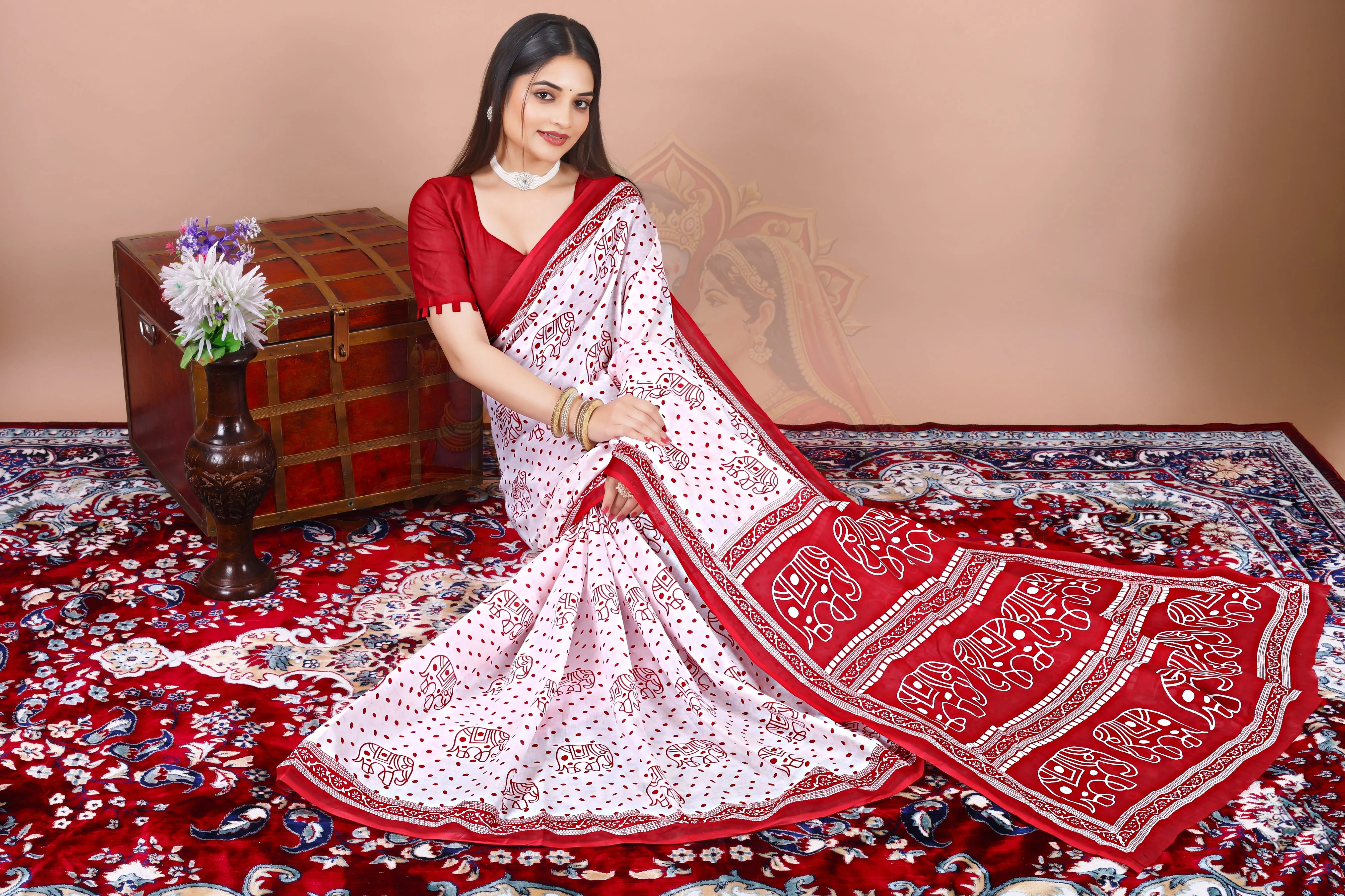 White Red Cotton Elephant Printed Saree Jay Radhika Textile
