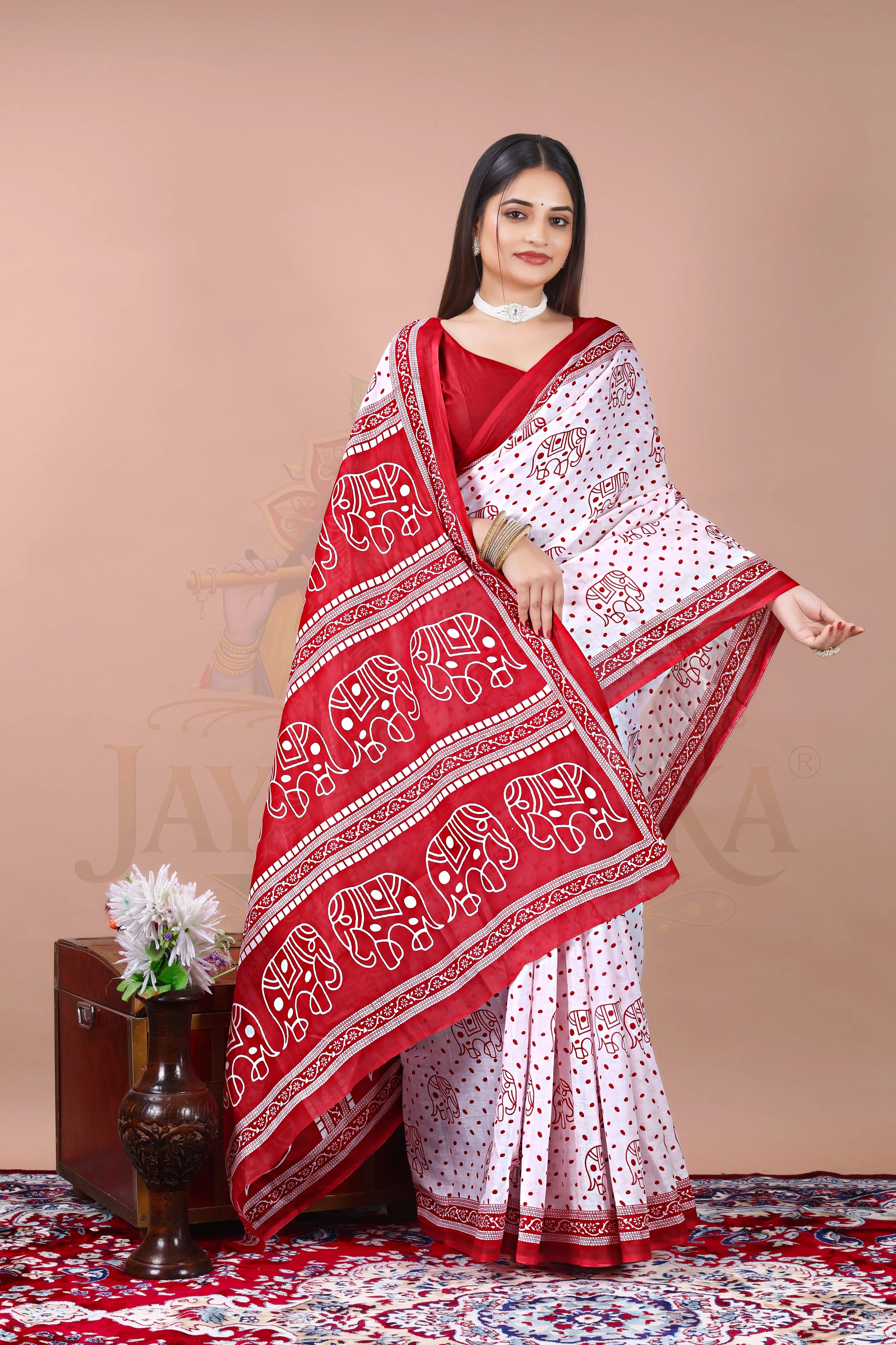 White Red Cotton Elephant Printed Saree Jay Radhika Textile