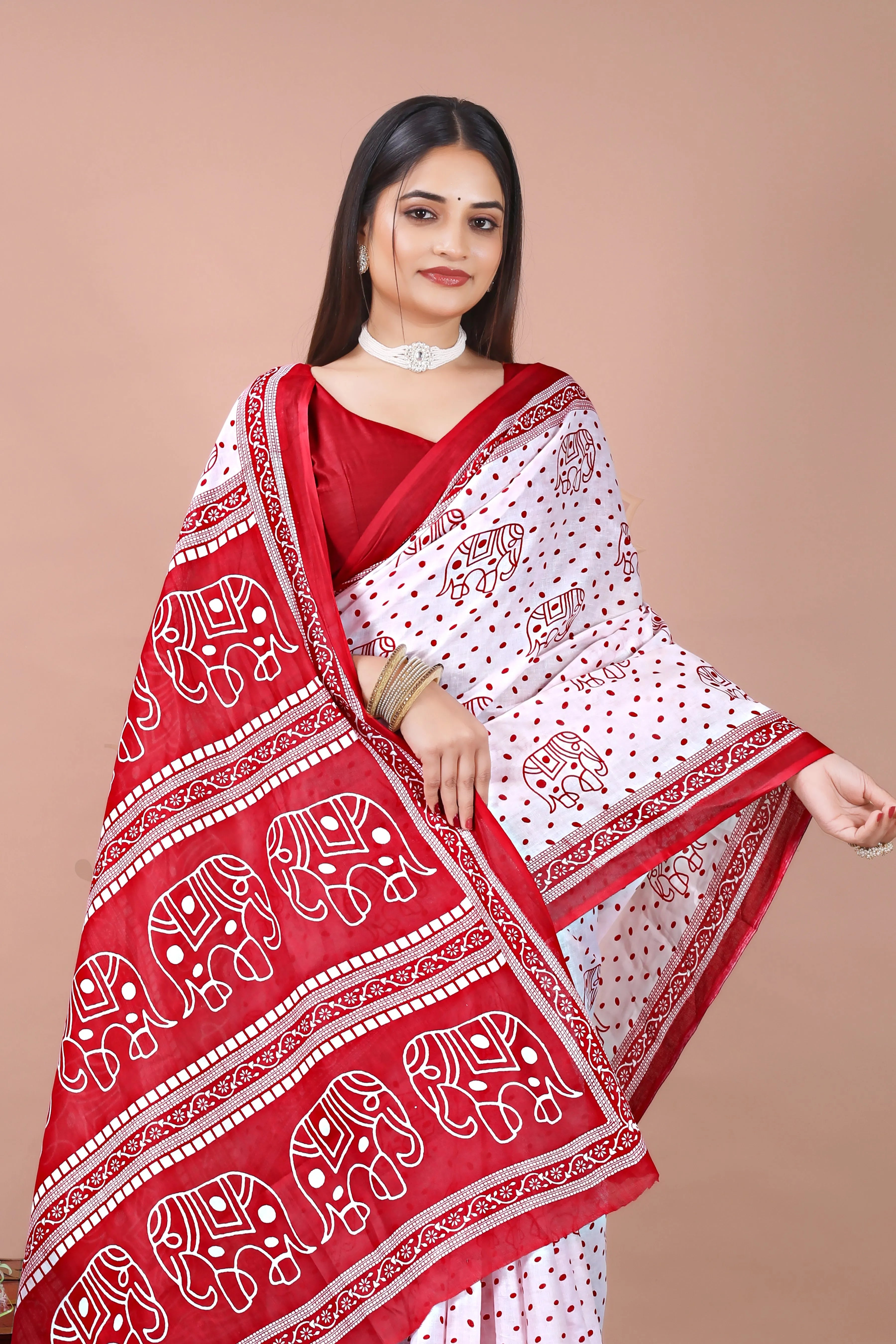 White Red Cotton Elephant Printed Saree Jay Radhika Textile