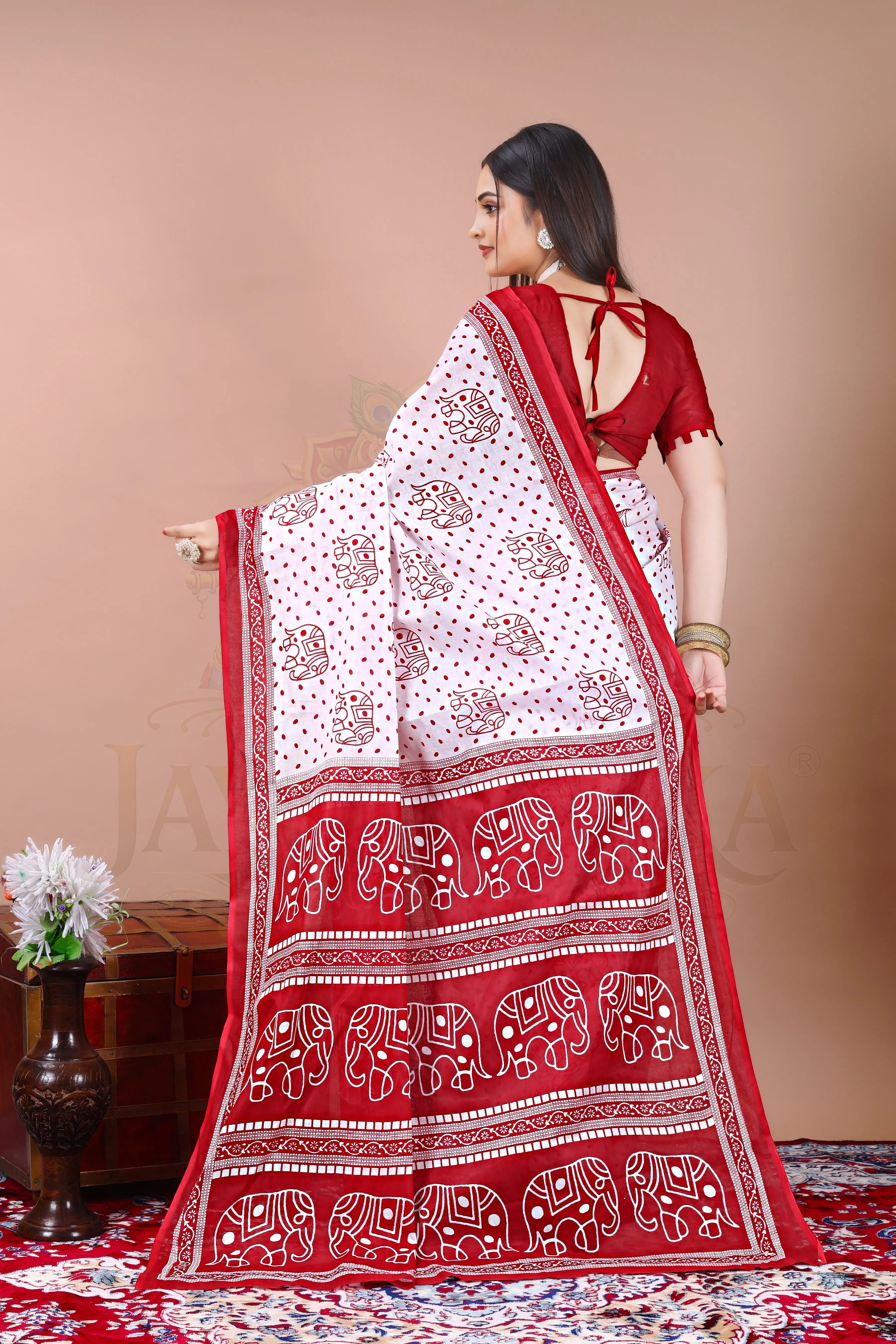 White Red Cotton Elephant Printed Saree Jay Radhika Textile