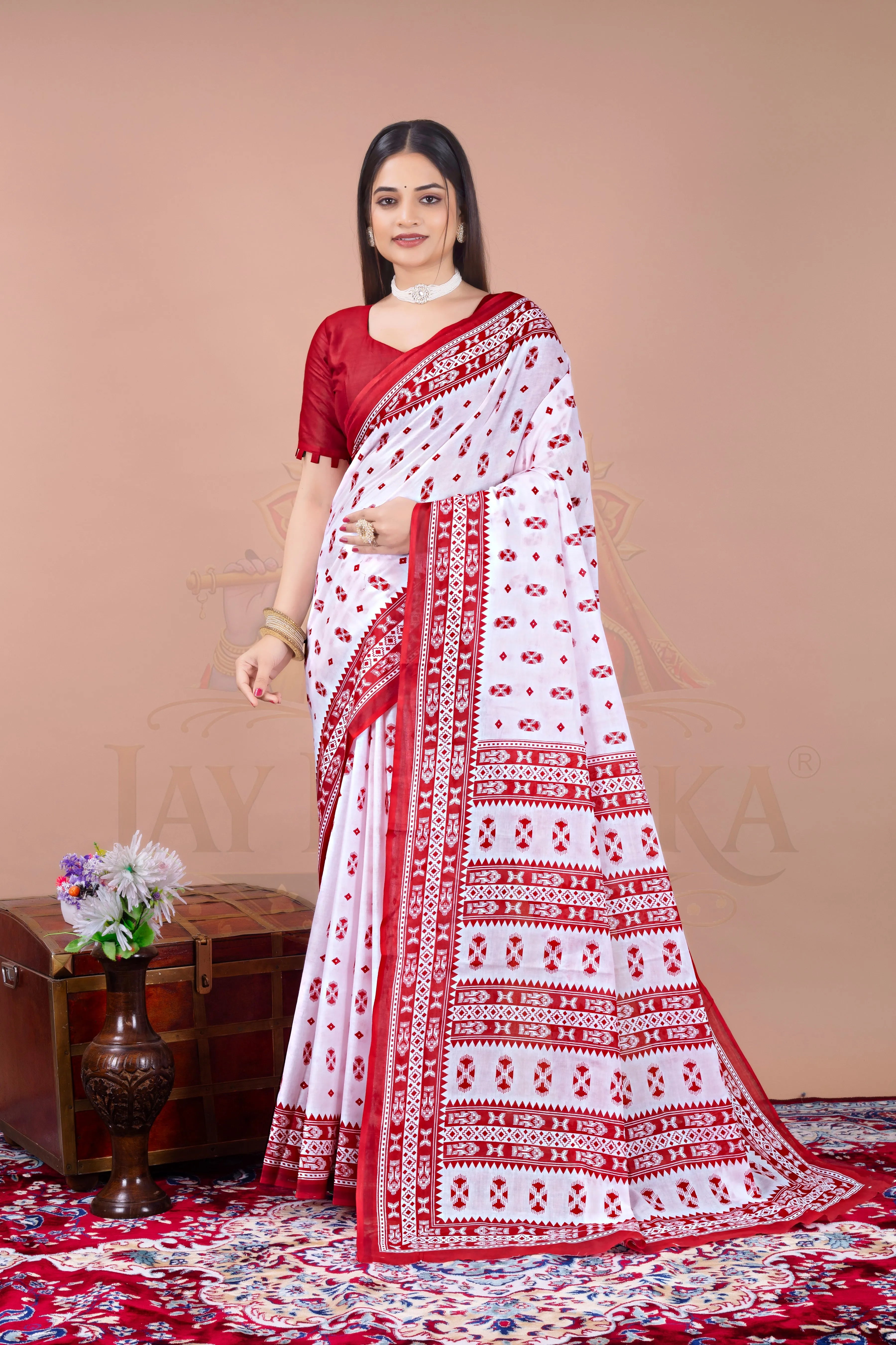 White Red Cotton Printed Saree Jay Radhika Textile
