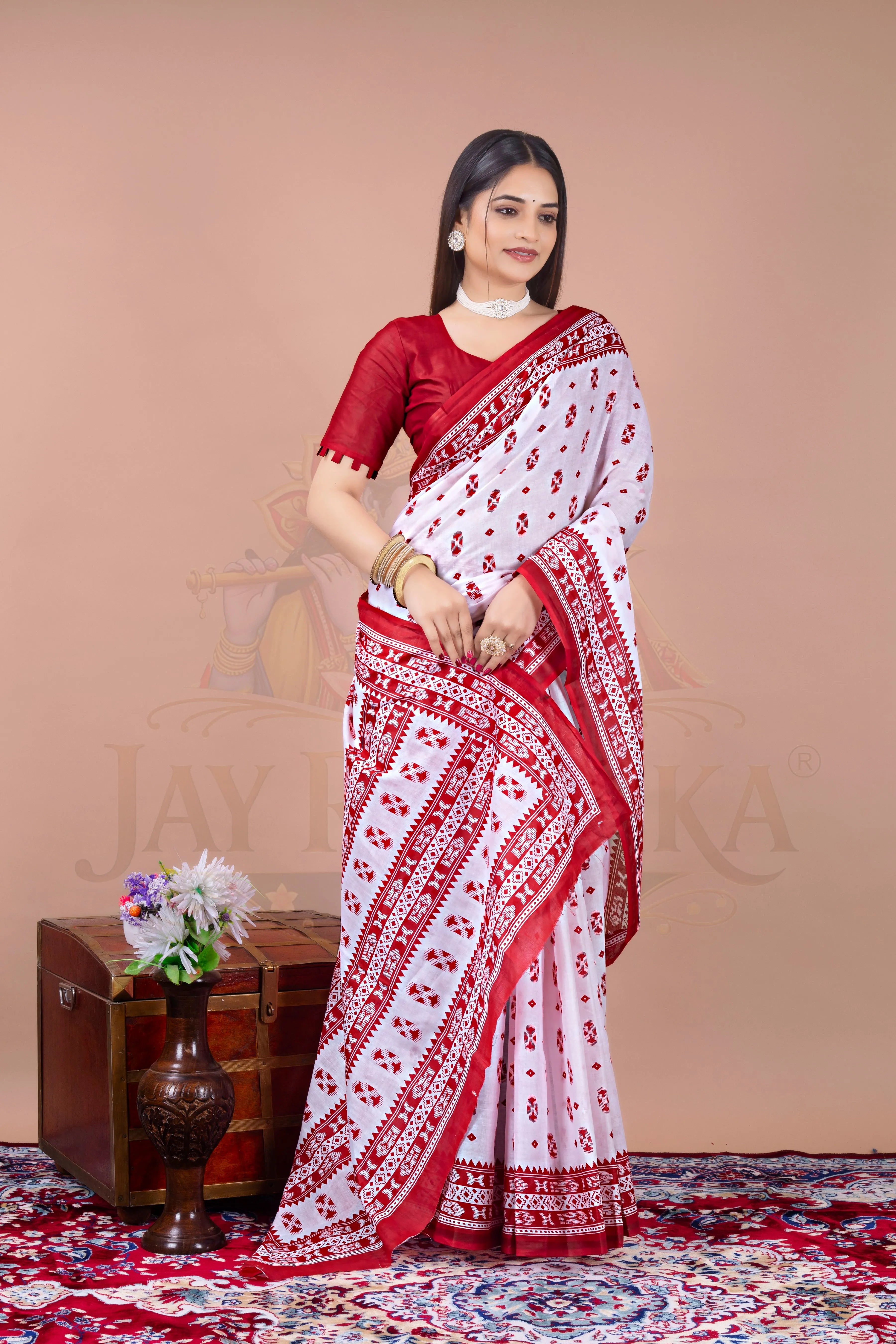 White Red Cotton Printed Saree Jay Radhika Textile