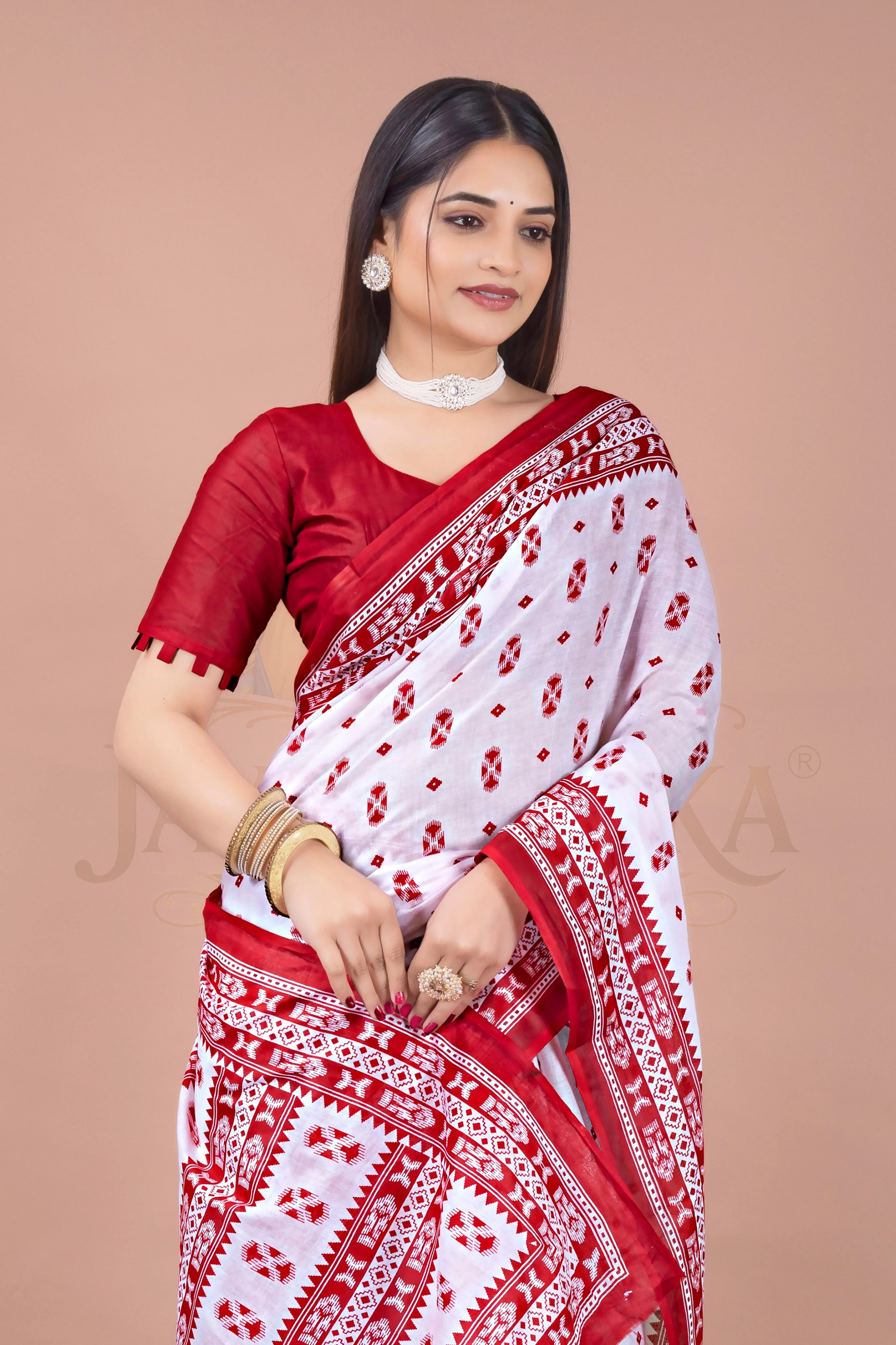 White Red Cotton Printed Saree Jay Radhika Textile