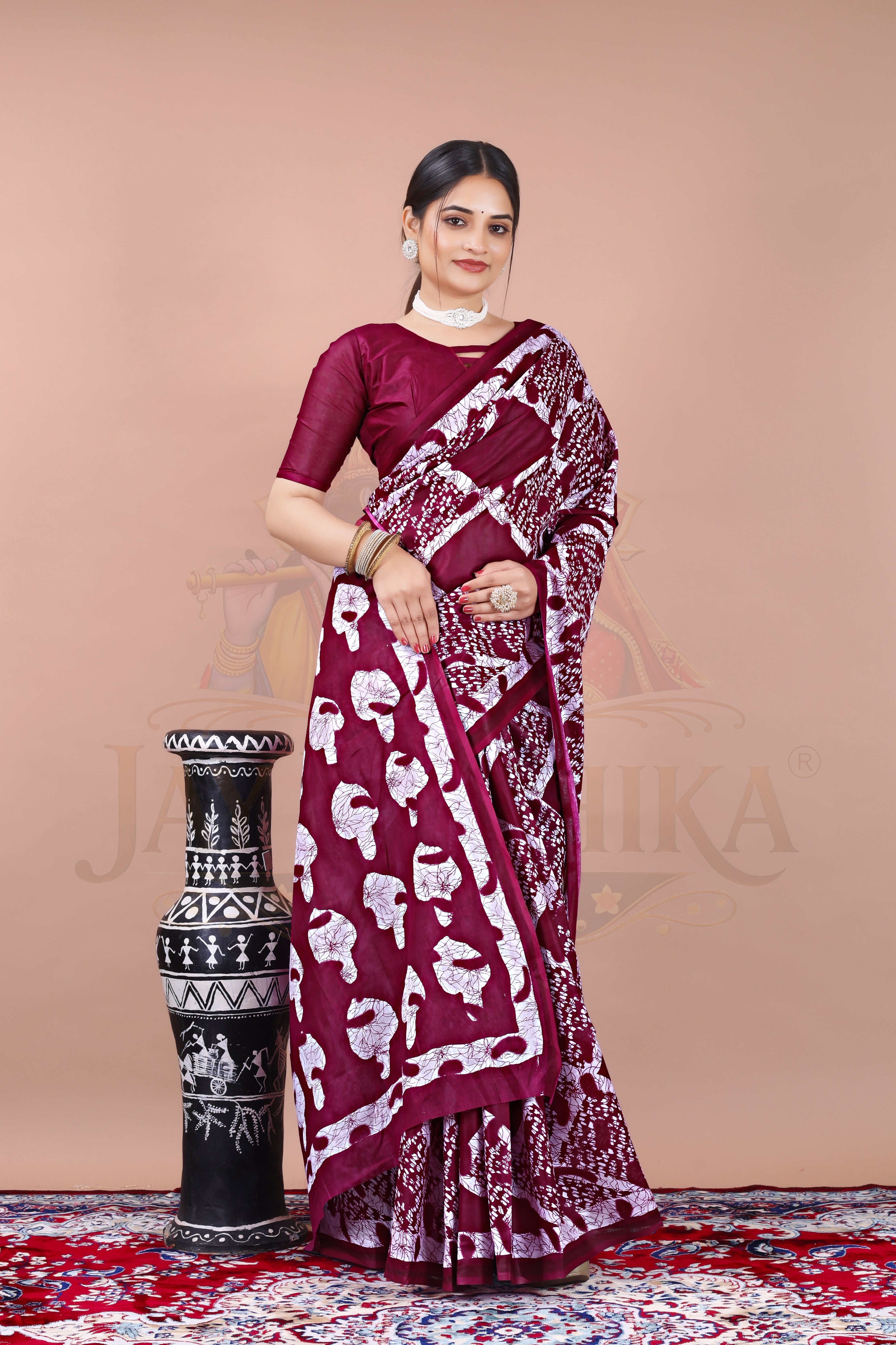 Wine Cotton Printed Saree Jay Radhika Textile