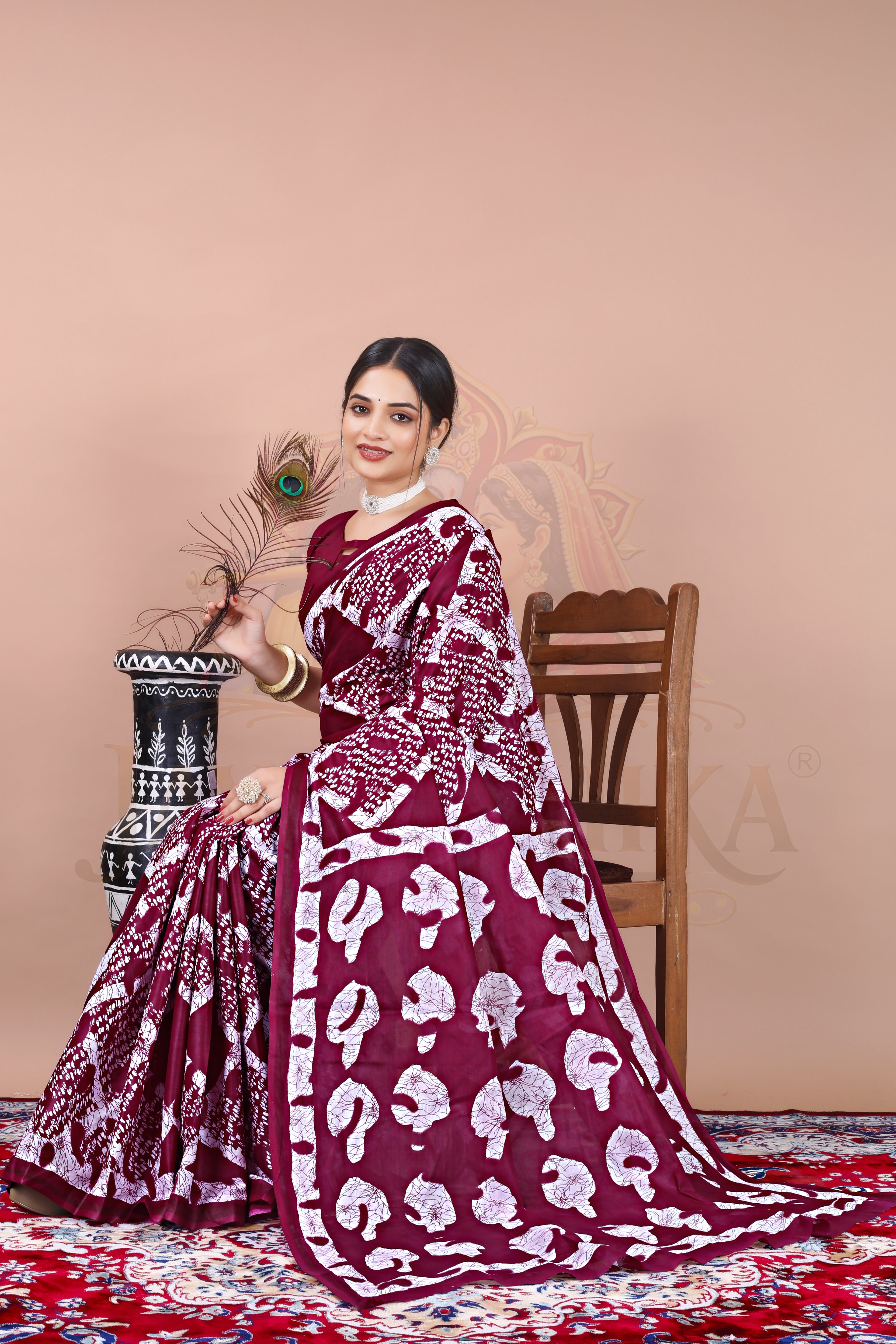 Wine Cotton Printed Saree Jay Radhika Textile